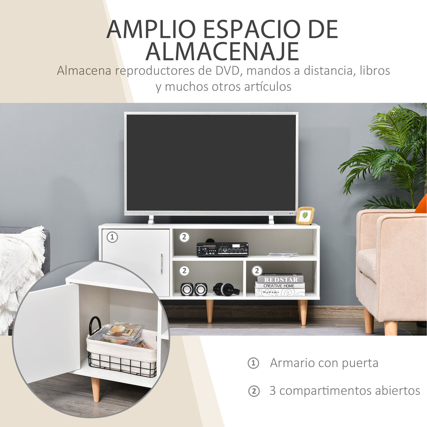 HOMCOM Mueble de TV para Televisores de hasta 60" Mesa para TV de Salón Comedor Moderna con Armario y 3 Compartimentos 120x40x55 cm Blanco