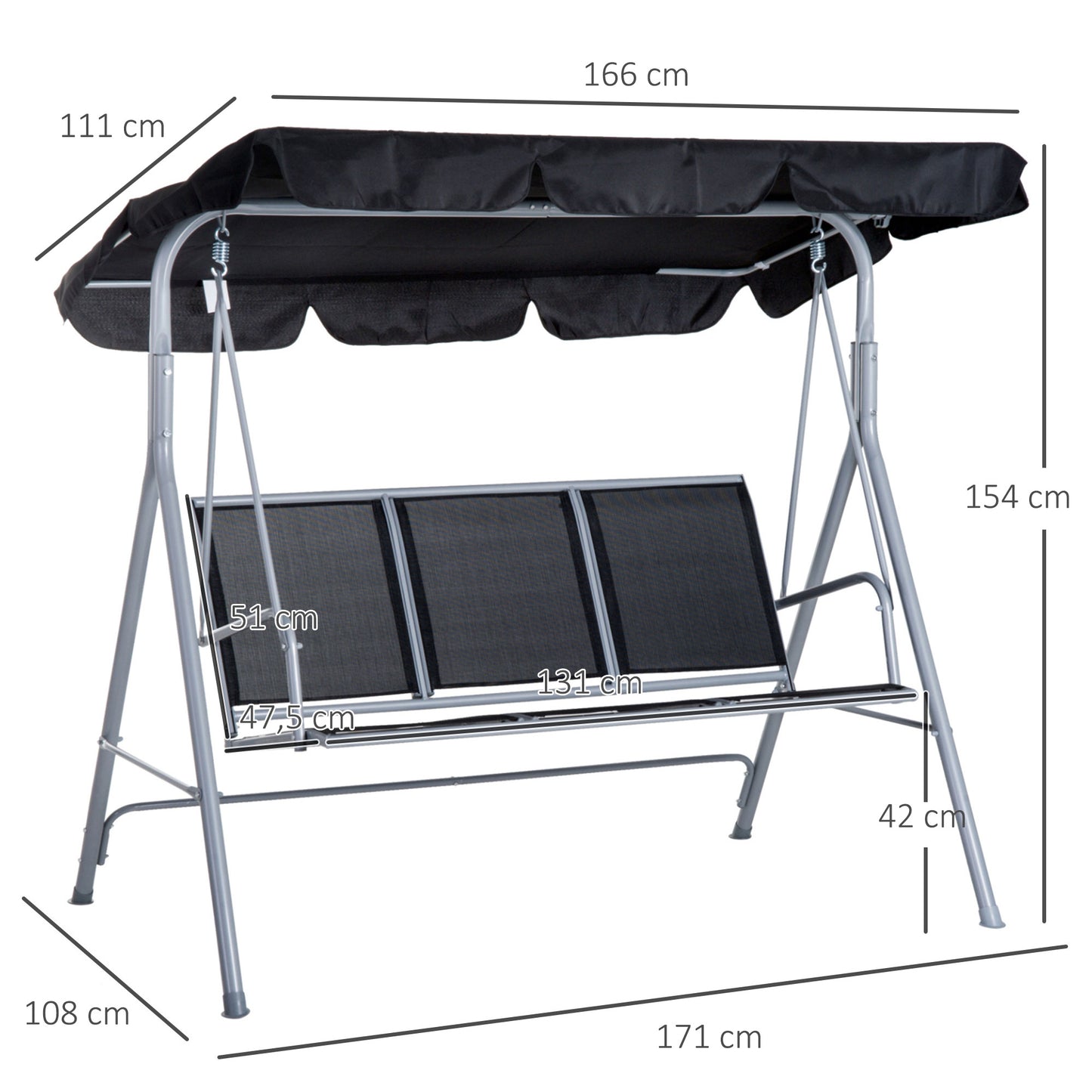 Outsunny Balancín Jardín Exterior Columpio Exterior de 3 Plazas con Toldo Ajustable Respaldo Transpirable y Marco de Metal para Terraza Balcón Carga 240 kg 171x108x154 cm Negro