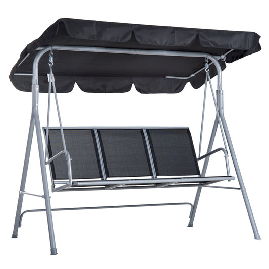 Outsunny Balancín Jardín Exterior Columpio Exterior de 3 Plazas con Toldo Ajustable Respaldo Transpirable y Marco de Metal para Terraza Balcón Carga 240 kg 171x108x154 cm Negro