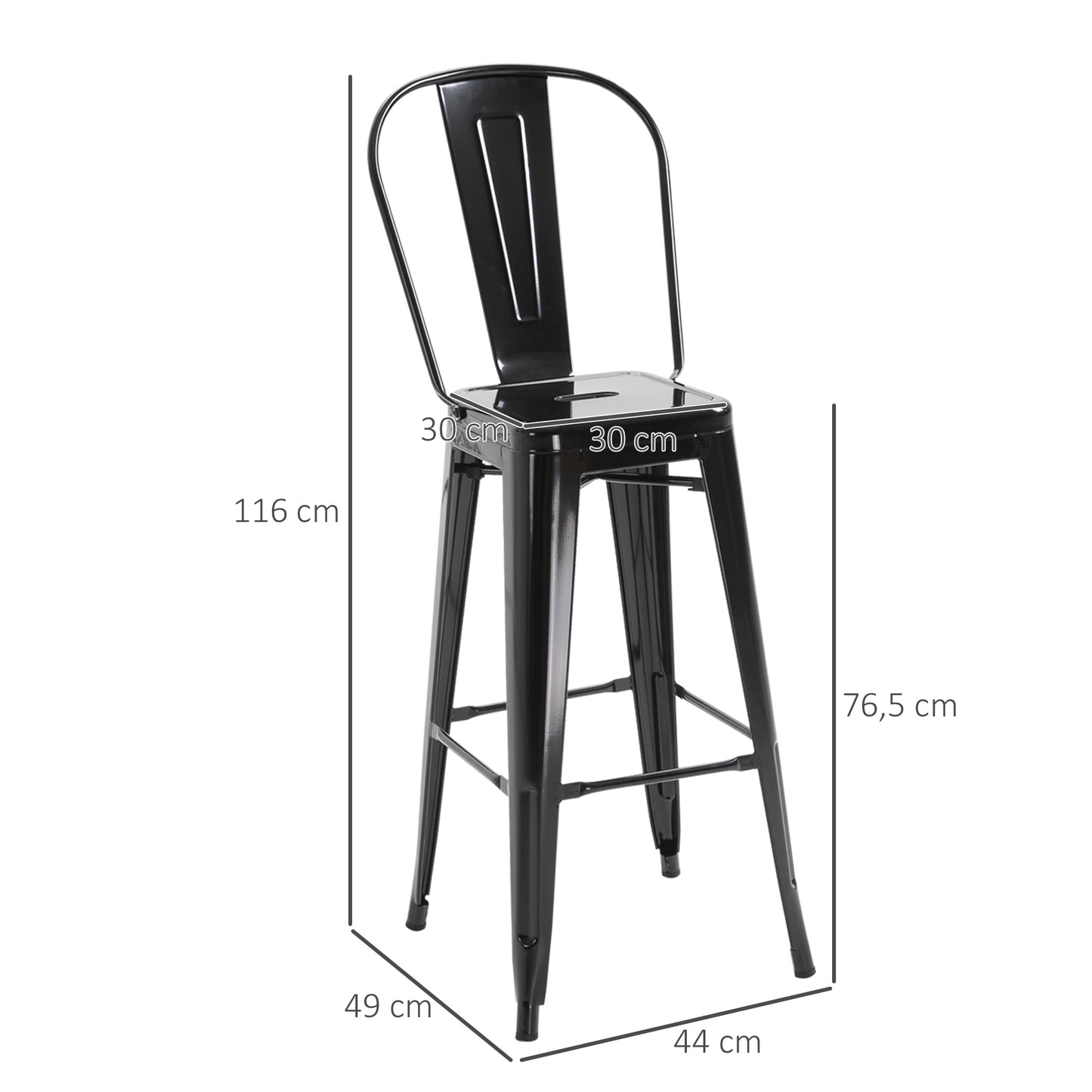 HOMCOM Juego de 4 Taburetes de Bar con Respaldo Alto Silla de Comedor de Metal con Reposapiés para Comedor Carga 120 kg 44x49x116 cm Negro