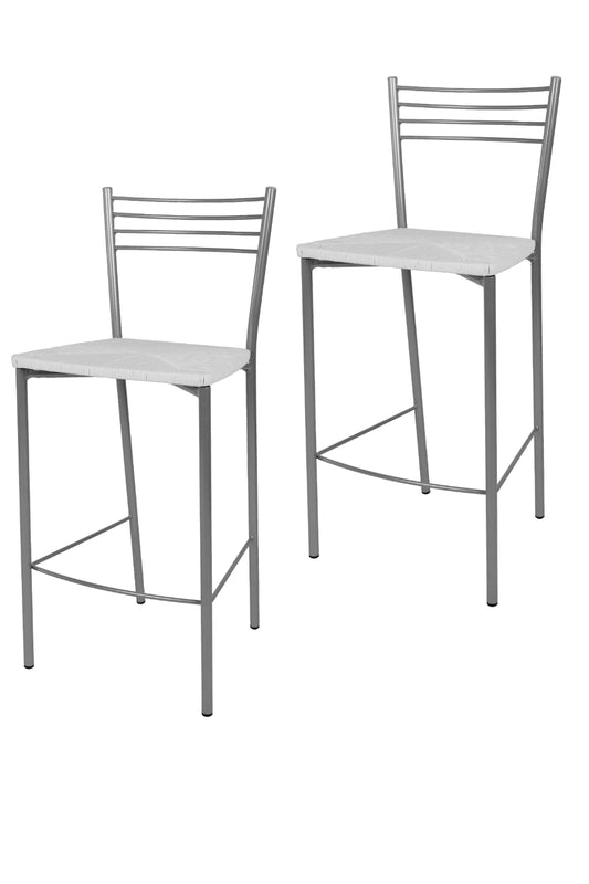 Tommychairs - Set 2 taburetes de Cocina y Bar  Elena, con Estructura en Acero Pintado Color Aluminio y Asiento en simil Paja Color Blanco