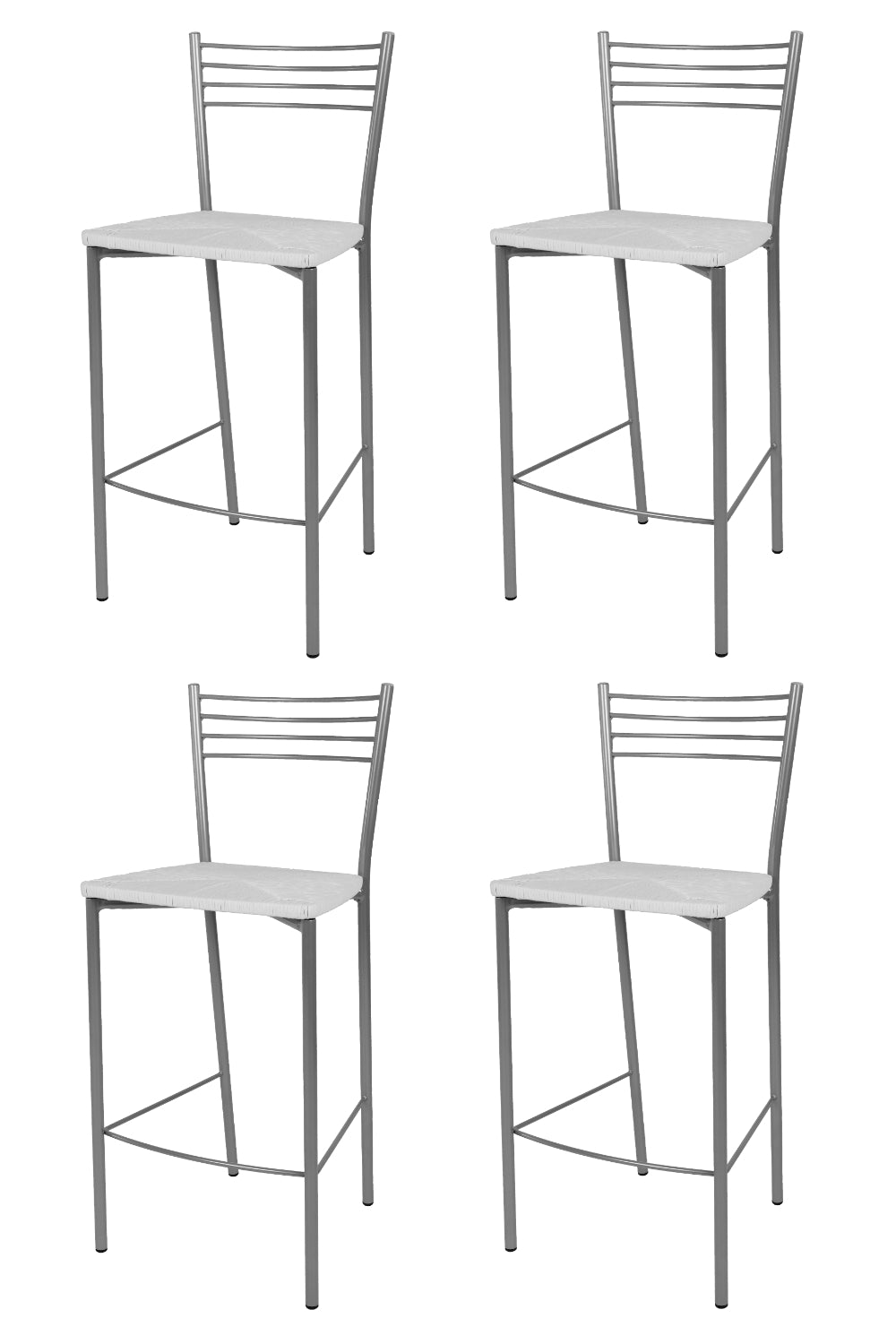 Tommychairs - Set 4 taburetes de Cocina y Bar  Elena, con Estructura en Acero Pintado Color Aluminio y Asiento en simil Paja Color Blanco