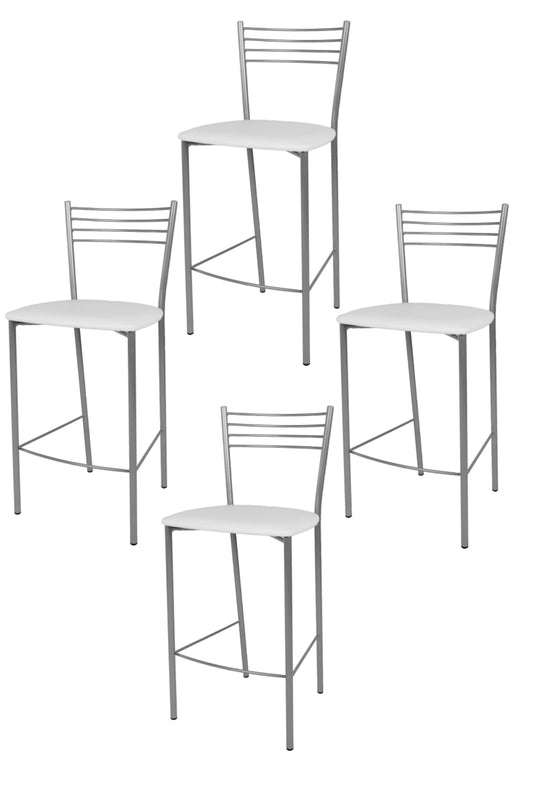 Tommychairs - Set 4 taburetes de Cocina y Bar  Elena, con Estructura en Acero Pintado Color Aluminio y Asiento tapizado en Polipiel Color Blanco