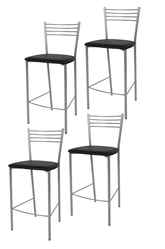 Tommychairs - Set 4 taburetes de Cocina y Bar  Elena, con Estructura en Acero Pintado Color Aluminio y Asiento tapizado en Polipiel Color Negro