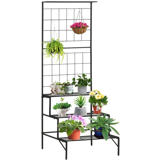 Outsunny Soporte para Plantas con Enrejado de Metal Estantería para Macetas Trepadoras con 3 Estantes para Exteriores Jardín Balcón 60x53,5x159,5 cm Negro