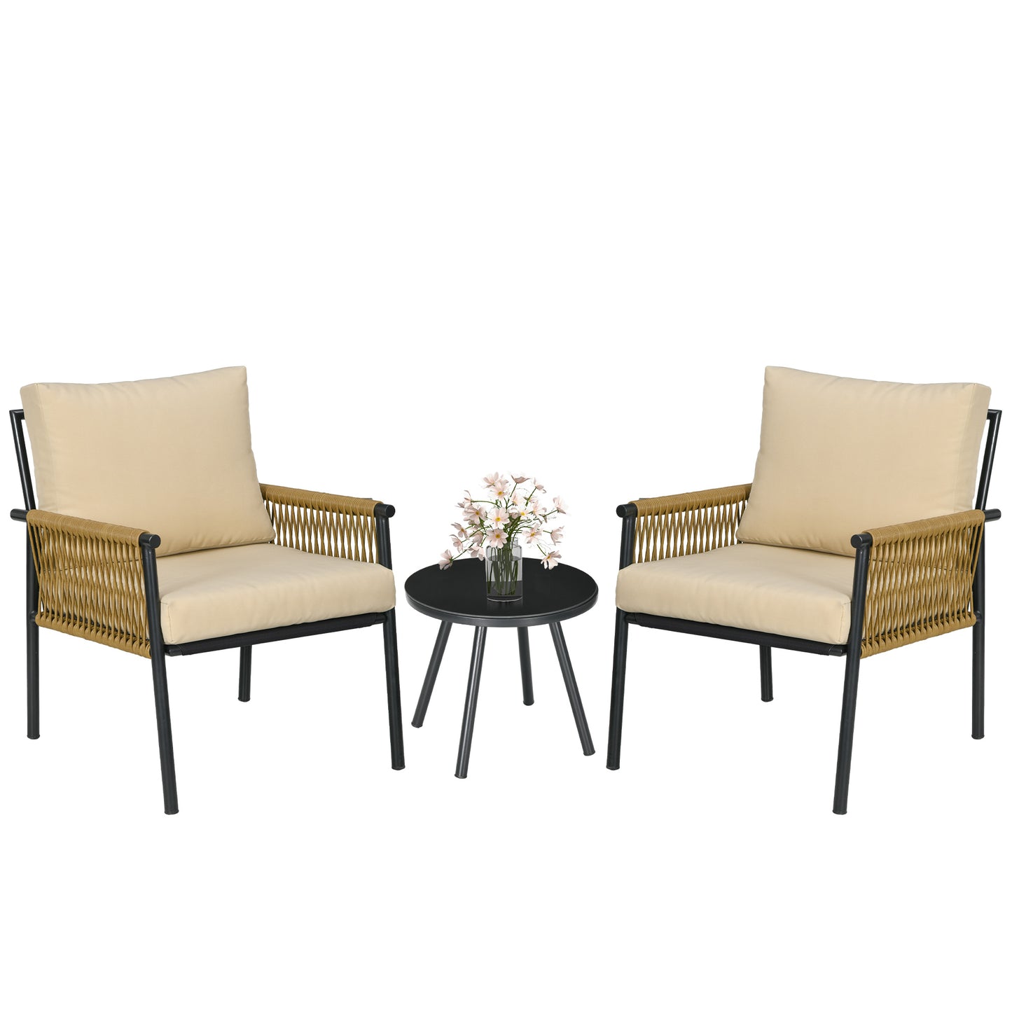 Outsunny Conjunto de Muebles de Jardín Juego de 3 Piezas Sillas y Mesa de Ratán con 2 Sillas y 1 Mesa de Centro de Vidrio Templado para Terraza Césped Balcón Negro y Beige