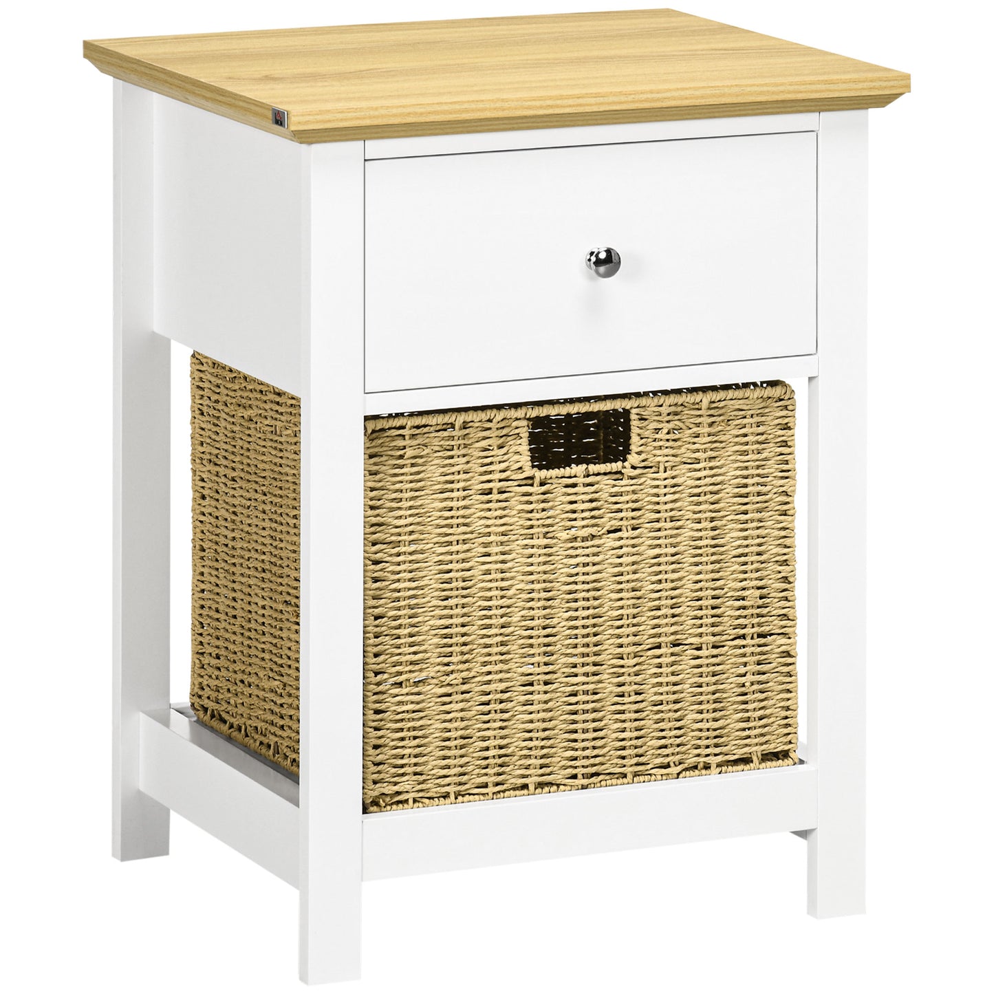 HOMCOM Mesita de Noche Moderno Mesilla de Noche con Cajón de Almacenamiento y Cesta de Ratán Plegable para Salón Dormitorio 49x39x64 cm Blanco y Natural