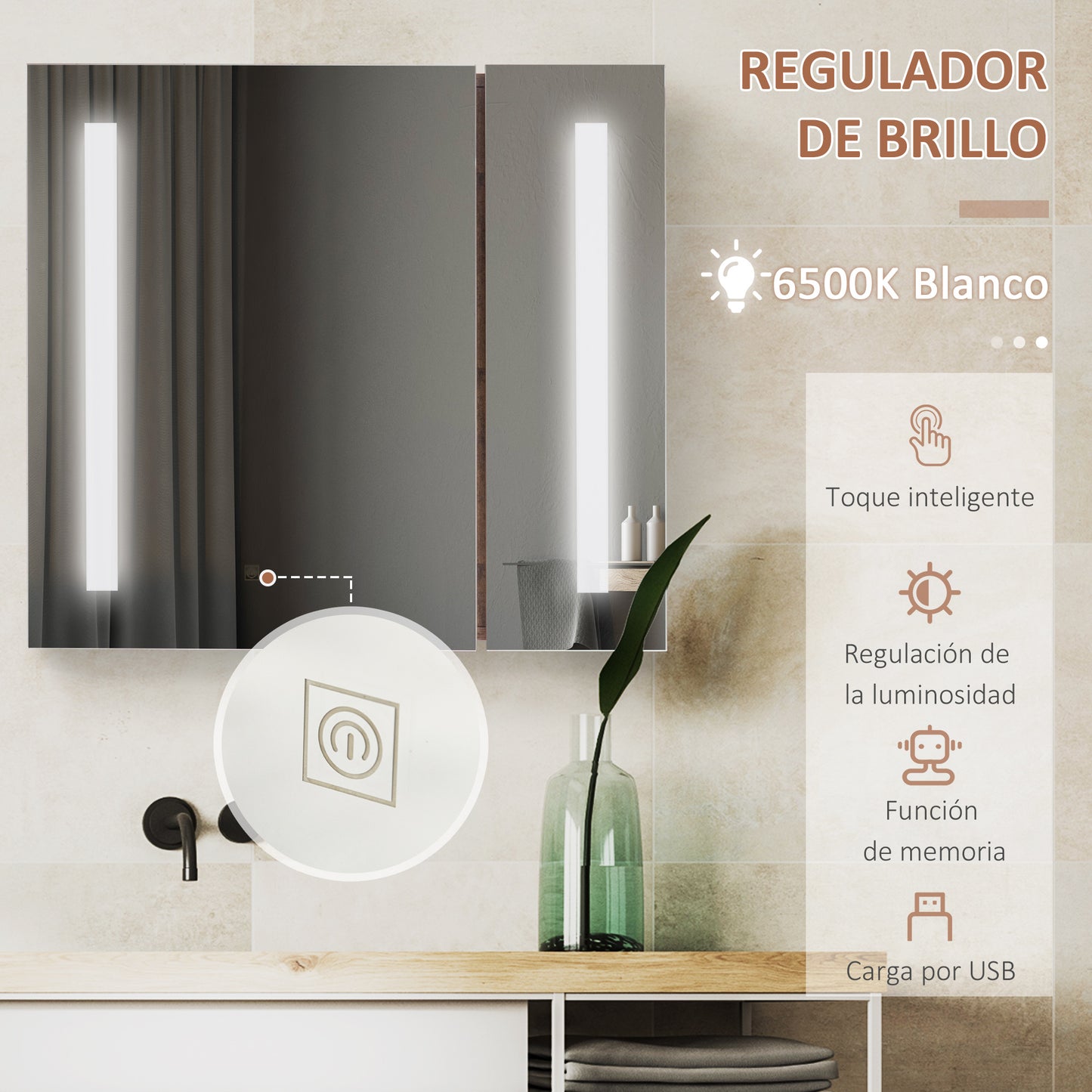 kleankin Armario con Espejo de Baño con Luz LED Armario de Baño Colgante con 2 Puertas Función de Memoria e Interruptor Táctil Estilo Moderno 70x15x65 cm Marrón Rústico