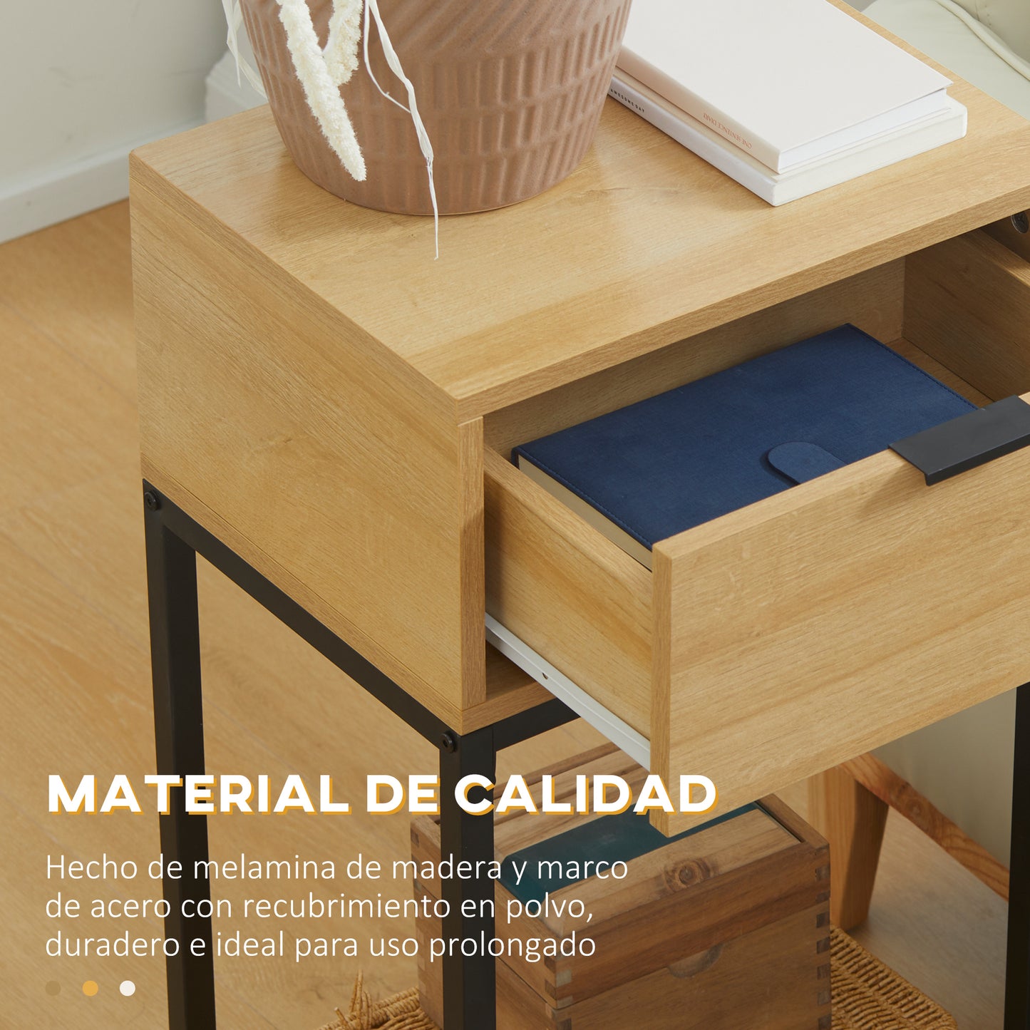 HOMCOM Mesa Auxiliar para Sofá Mesita Auxiliar Moderna con Cajón con Patas de Acero para Pasillo Salón Dormitorio 40x30x76 cm Natural