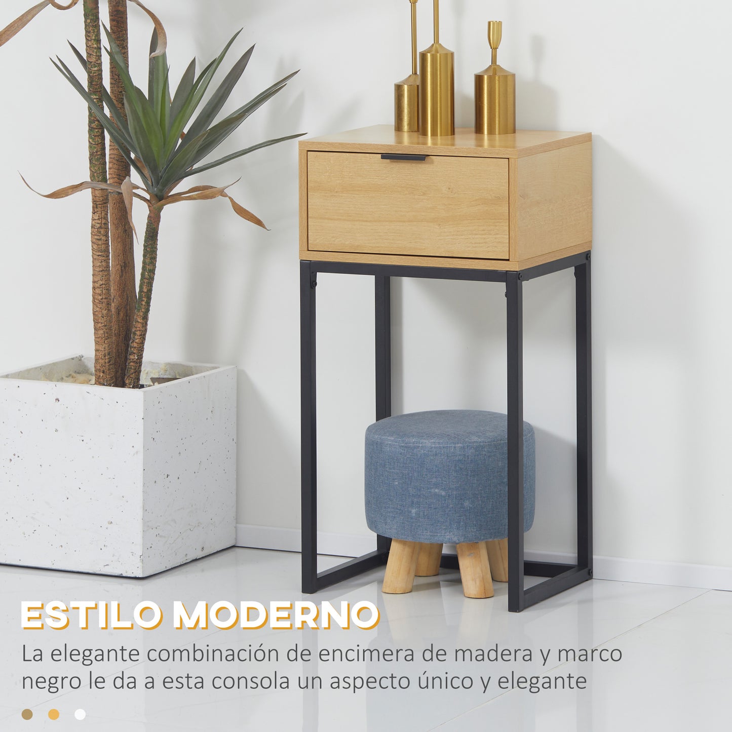 HOMCOM Mesa Auxiliar para Sofá Mesita Auxiliar Moderna con Cajón con Patas de Acero para Pasillo Salón Dormitorio 40x30x76 cm Natural