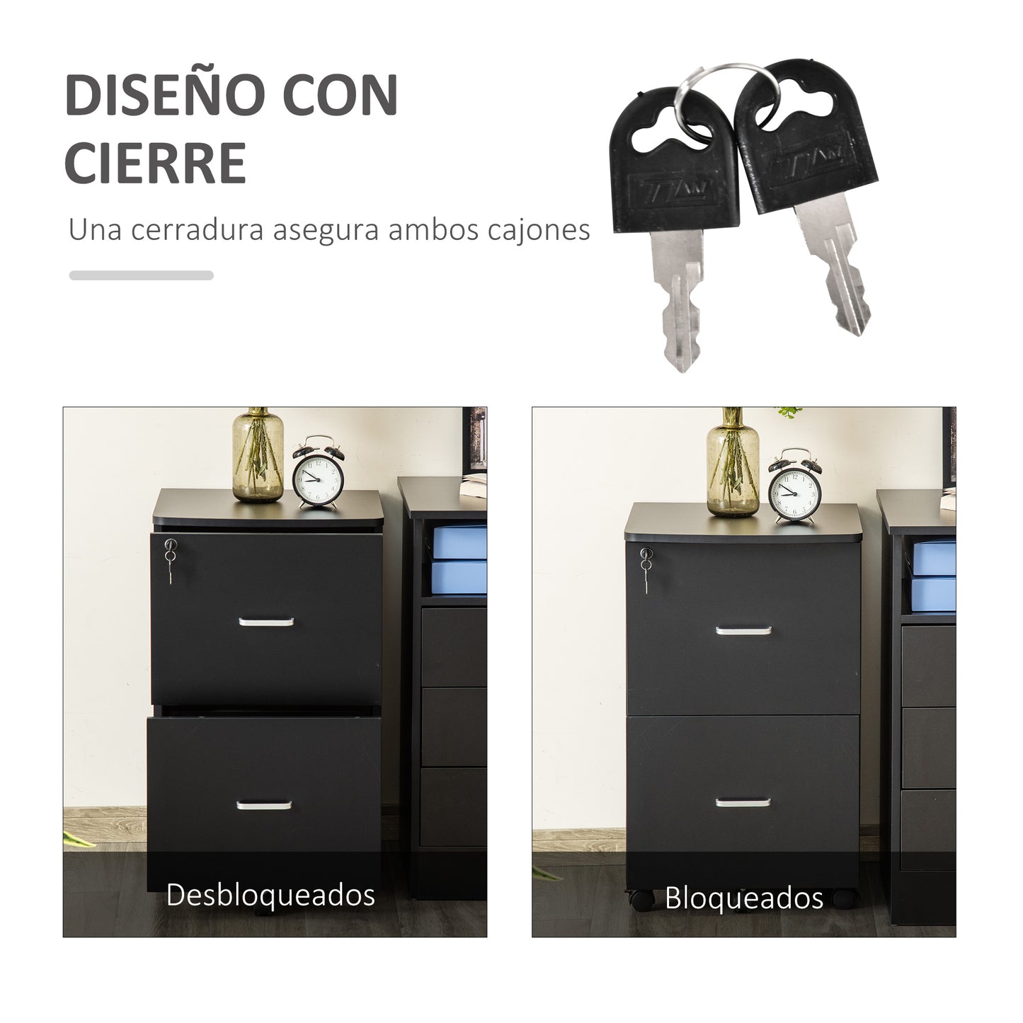 Vinsetto Cajonera de Oficina Mueble Auxiliar para Archivos con 2 Cajones Cerradura de 2 Llaves 5 Ruedas para Tamaño Carta A4 para Estudio Despacho Dormitorio 43x45x72 cm Negro