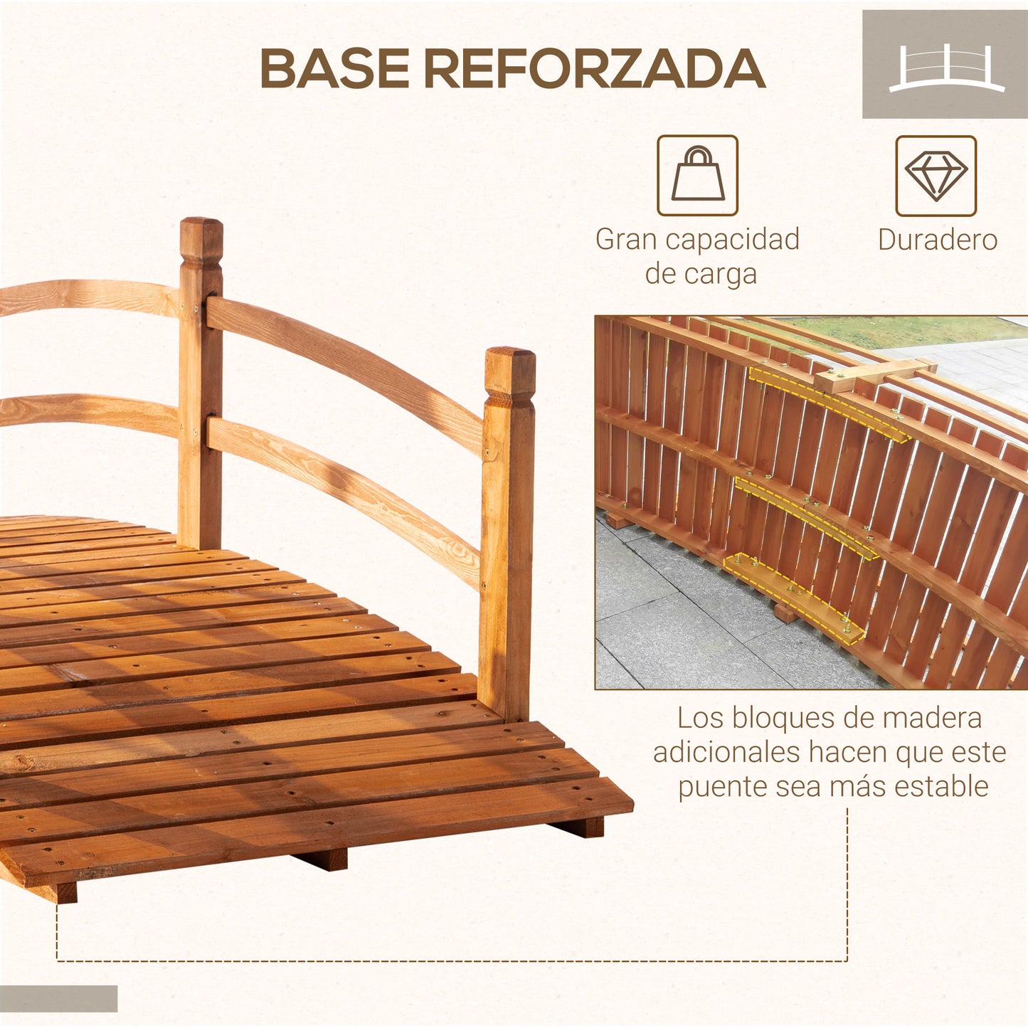 Outsunny Puente de Aro de Madera 185x72x58 cm con Pasamanos Puente de Jardín para Decoración Patio Carga 200 kg Natural