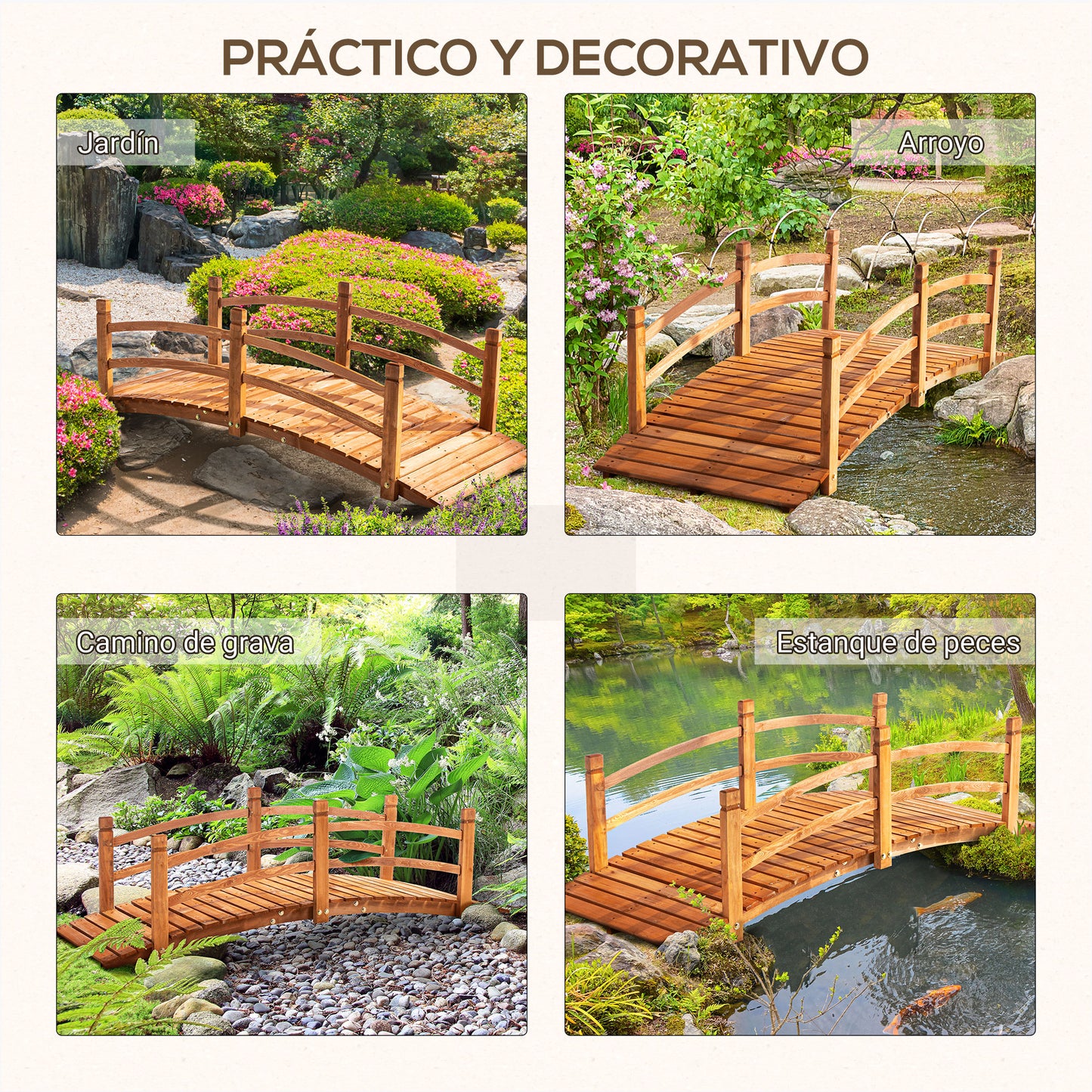 Outsunny Puente de Aro de Madera 185x72x58 cm con Pasamanos Puente de Jardín para Decoración Patio Carga 200 kg Natural