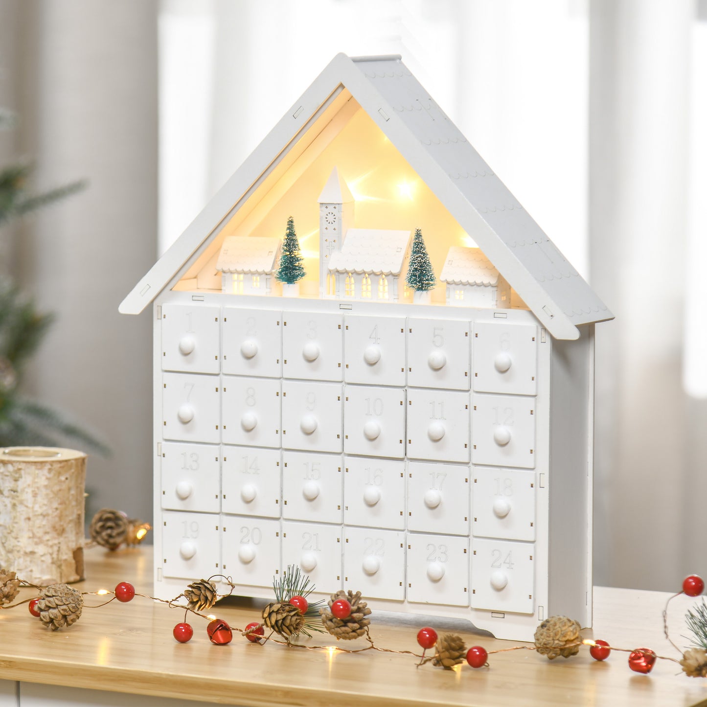 HOMCOM Calendario de Adviento de Navidad Madera con 24 Cajones y Luces LED Decoración Navideña Modelo Casita 39x9x42 cm Blanco