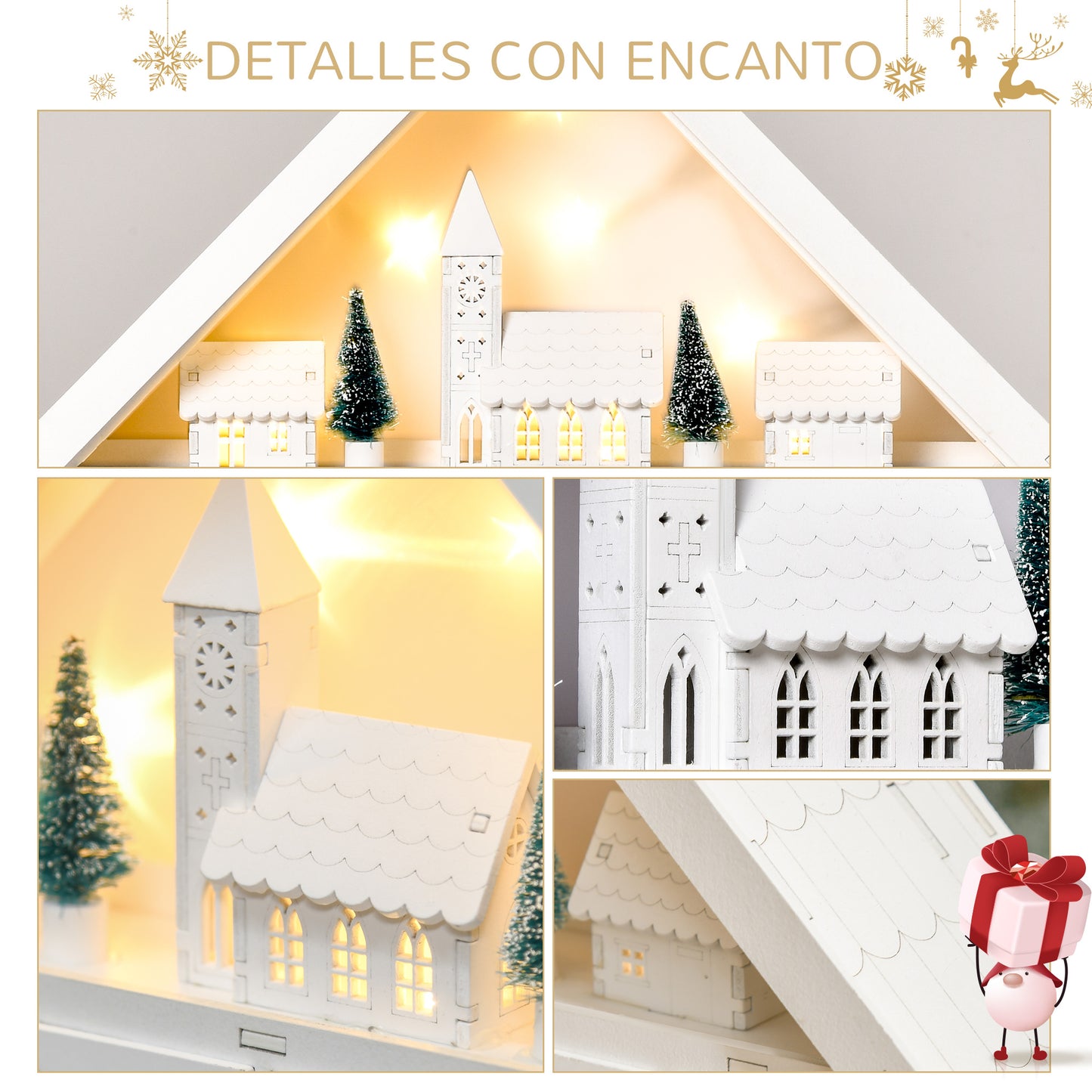 HOMCOM Calendario de Adviento de Navidad Madera con 24 Cajones y Luces LED Decoración Navideña Modelo Casita 39x9x42 cm Blanco