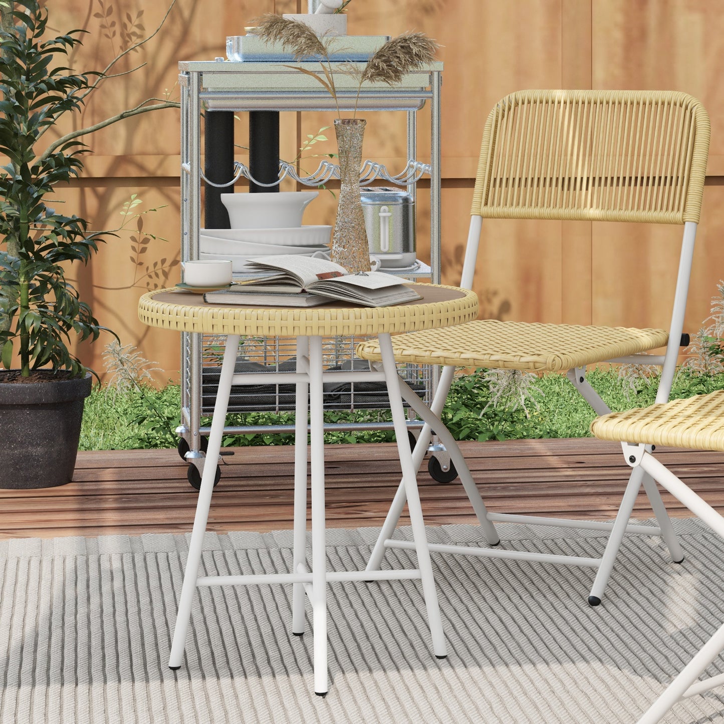 Outsunny Mesa Auxiliar de Ratán Sintético Mesa de Centro Redonda con Tablero de Madera Plástica y Marco de Acero Galvanizado Carga 30 kg para Terraza Balcón Jardín 50x50x55 cm Natural