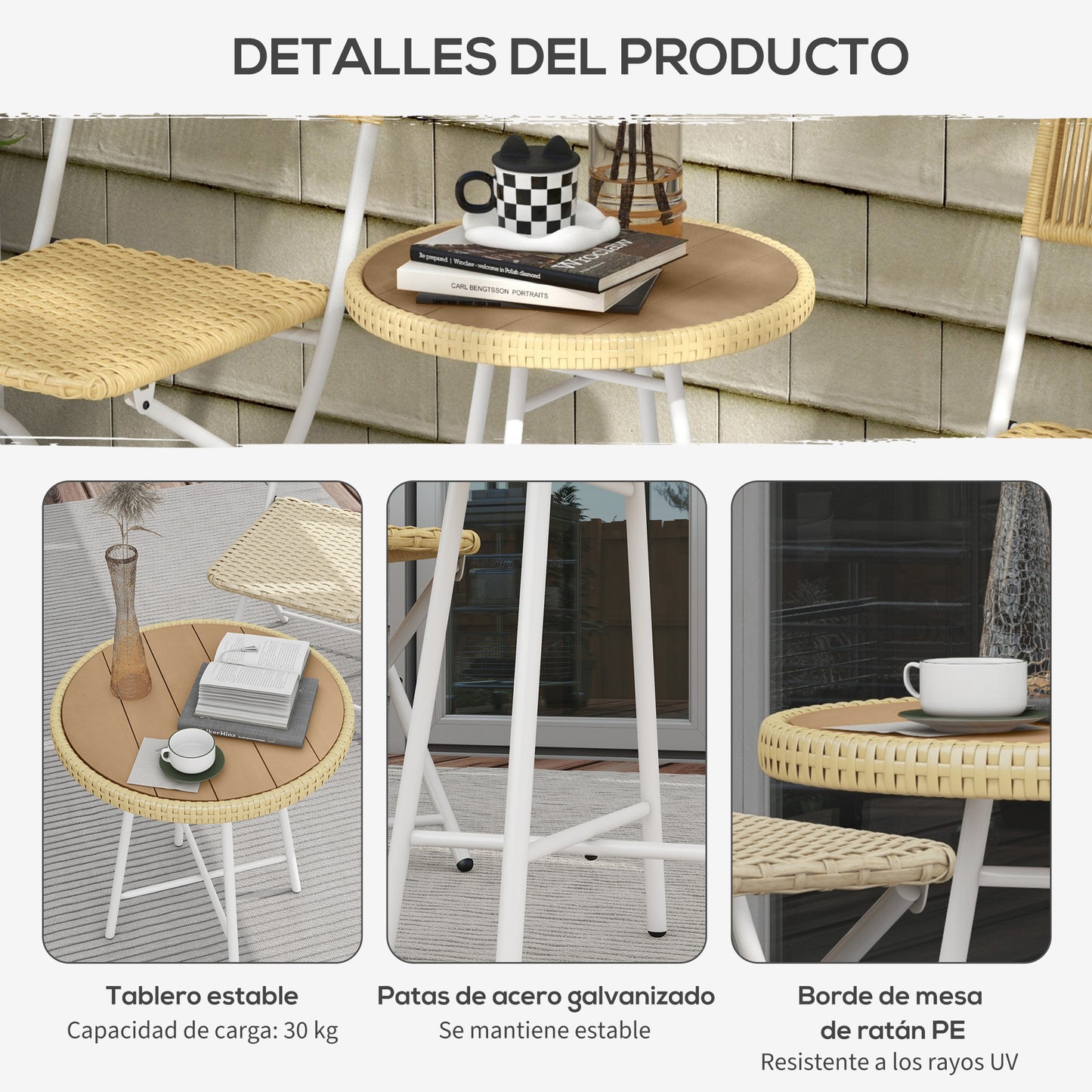 Outsunny Mesa Auxiliar de Ratán Sintético Mesa de Centro Redonda con Tablero de Madera Plástica y Marco de Acero Galvanizado Carga 30 kg para Terraza Balcón Jardín 50x50x55 cm Natural