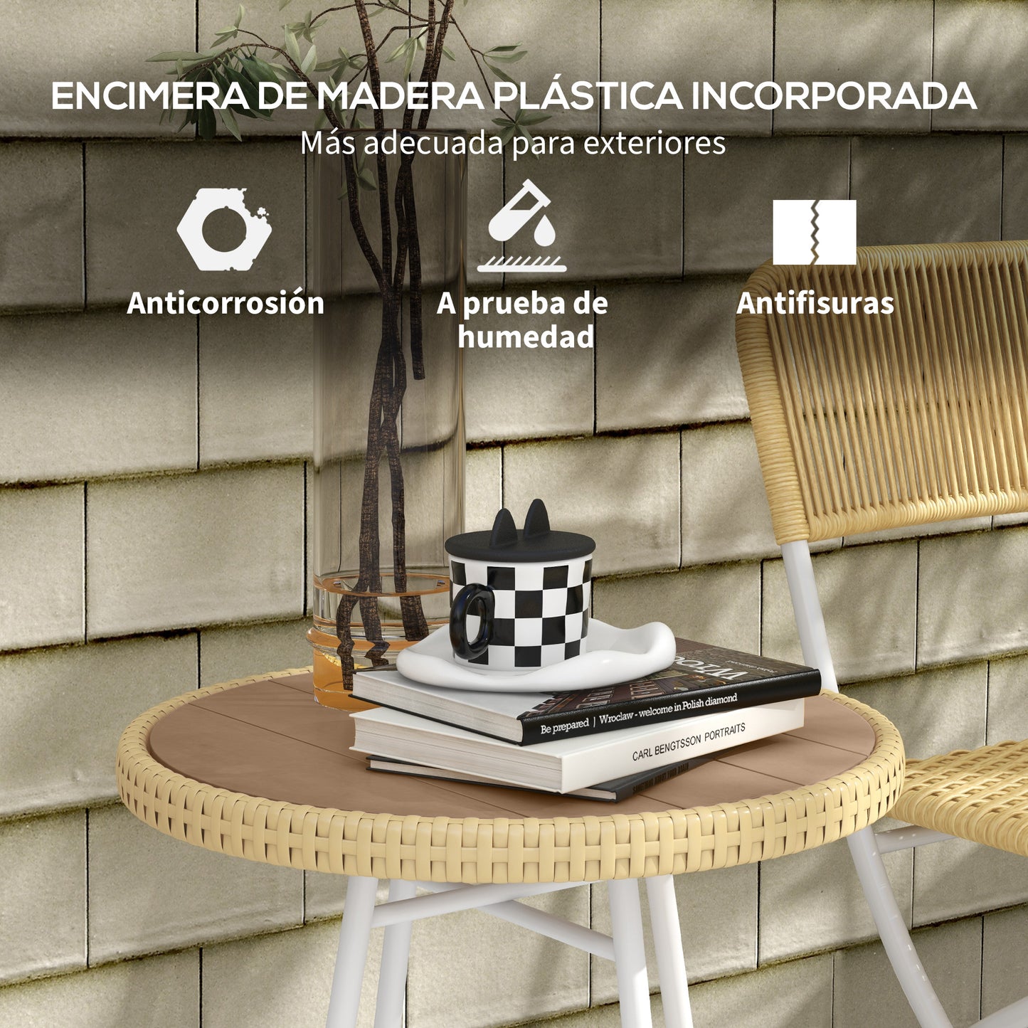 Outsunny Mesa Auxiliar de Ratán Sintético Mesa de Centro Redonda con Tablero de Madera Plástica y Marco de Acero Galvanizado Carga 30 kg para Terraza Balcón Jardín 50x50x55 cm Natural