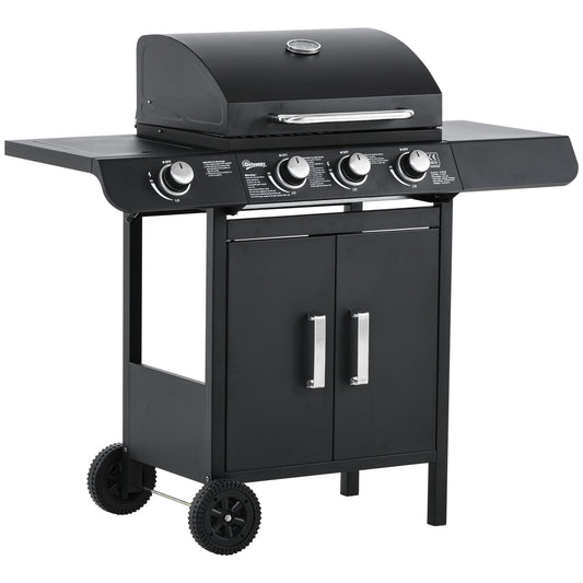 Outsunny Barbacoa de Gas BBQ con 3+1 Quemadores 11,6 KW 2 Mesas Laterales Armario de 2 Puertas Termómetro y 2 Ruedas Acero Inoxidable 110x50x100 cm Negro