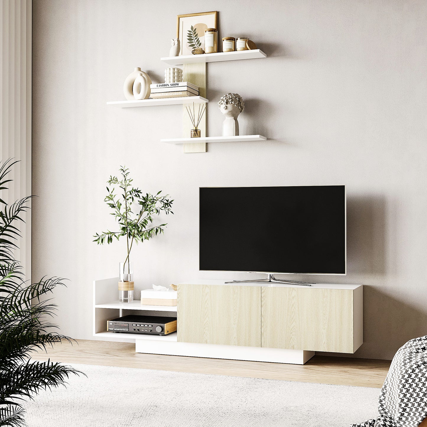 HOMCOM Mueble de Salón para TV Conjunto Mueble de TV con Mesa para Televisor 150x31,5x40 cm y Estante de Pared 95,5x16x60 cm Estilo Moderno Natural