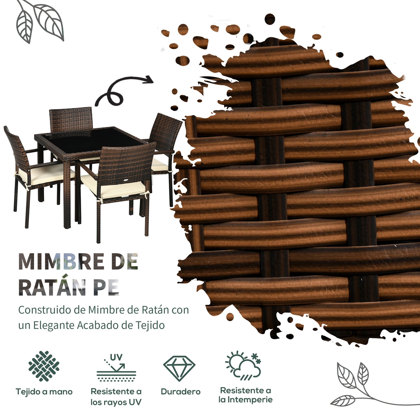 Outsunny Conjunto de Muebles de Ratán Sintético Juego de Muebles de Jardín 5 Piezas Mesa de Centro con Tablero de Vidrio y 4 Sillas con Cojines para Terraza Patio Balcón Marrón