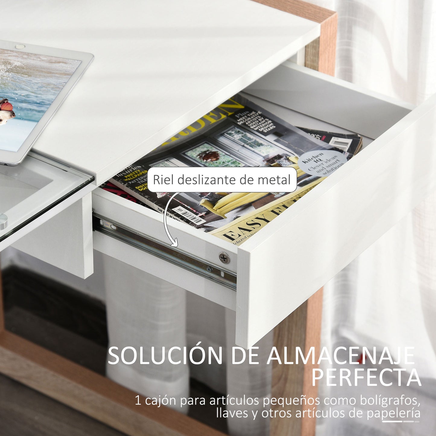 HOMCOM Mesa de Ordenador Mesa de Escritorio Diseño Moderno con Tablero de Vidrio Templado Cajón Combinación de Estilos para Oficina Estudio 120x60x75 cm Blanco