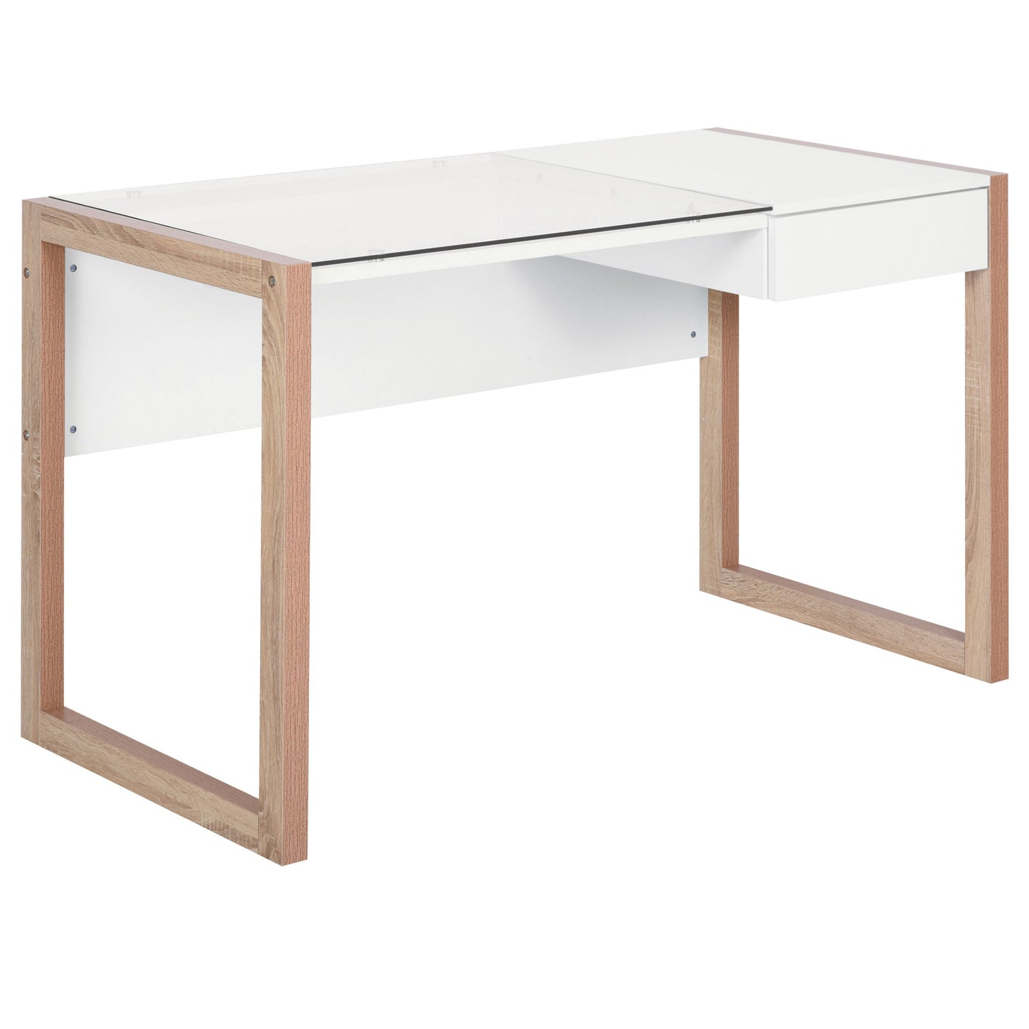 HOMCOM Mesa de Ordenador Mesa de Escritorio Diseño Moderno con Tablero de Vidrio Templado Cajón Combinación de Estilos para Oficina Estudio 120x60x75 cm Blanco