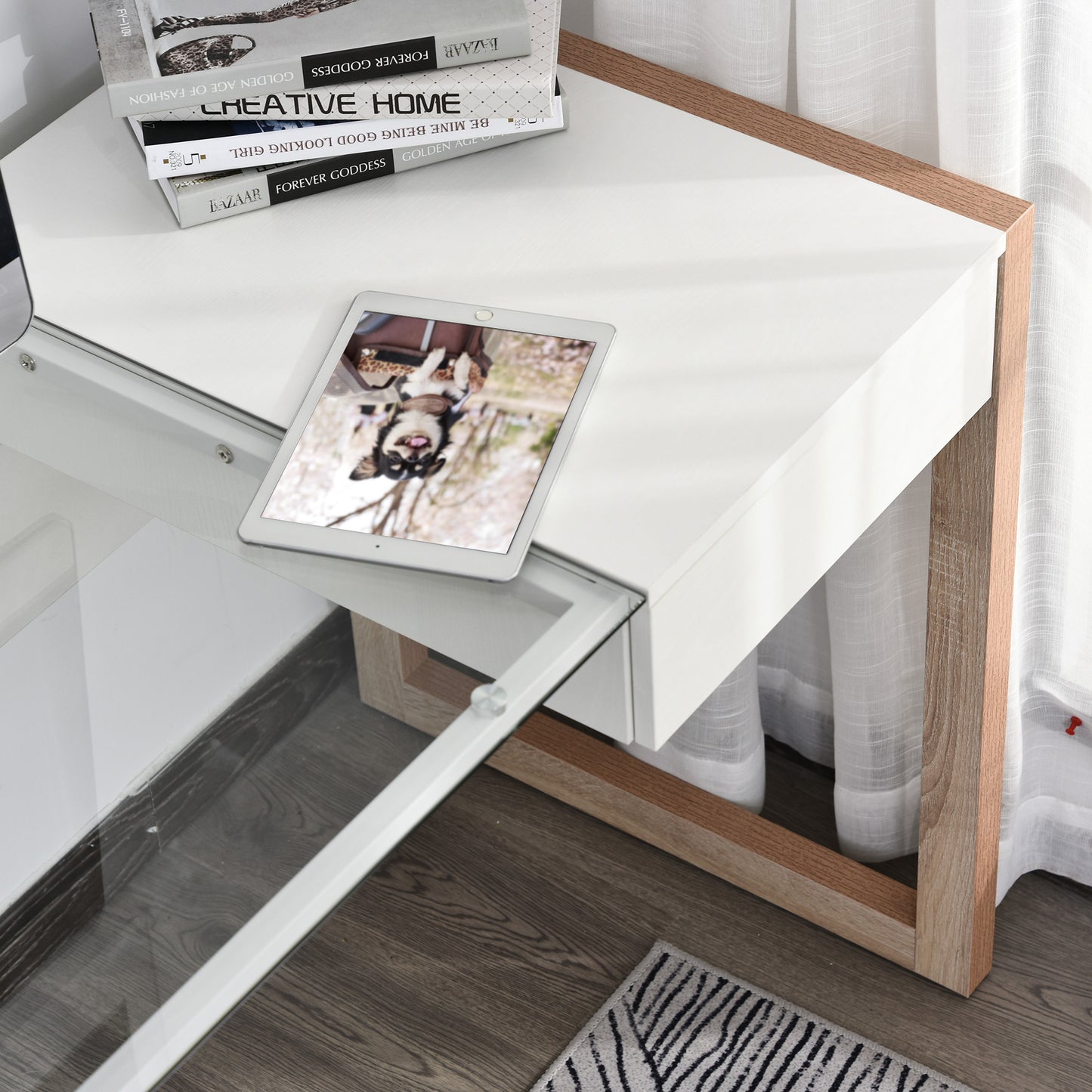 HOMCOM Mesa de Ordenador Mesa de Escritorio Diseño Moderno con Tablero de Vidrio Templado Cajón Combinación de Estilos para Oficina Estudio 120x60x75 cm Blanco