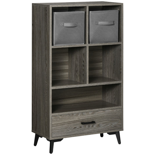 HOMCOM Librería para Libros Armario de Entrada con 2 Cajones de Tela Extraíbles y 5 Compartimientos de Almacenaje Armario de Salón para Oficina Dormitorio Estilo Moderno 60x28,5x105 cm Gris