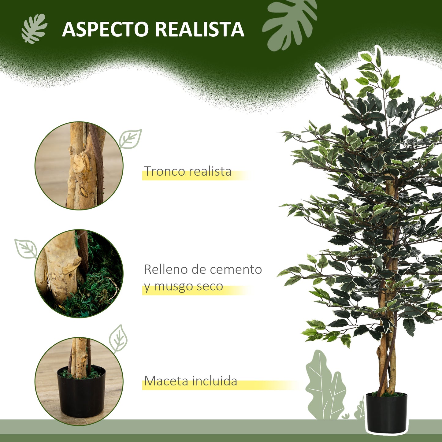 HOMCOM Ficus Artificial con Troncos 130 cm Planta Artificial con Macetas y 702 Hojas Realistas para Decoración del Hogar Salón Dormitorio Ø15x130 cm Verde