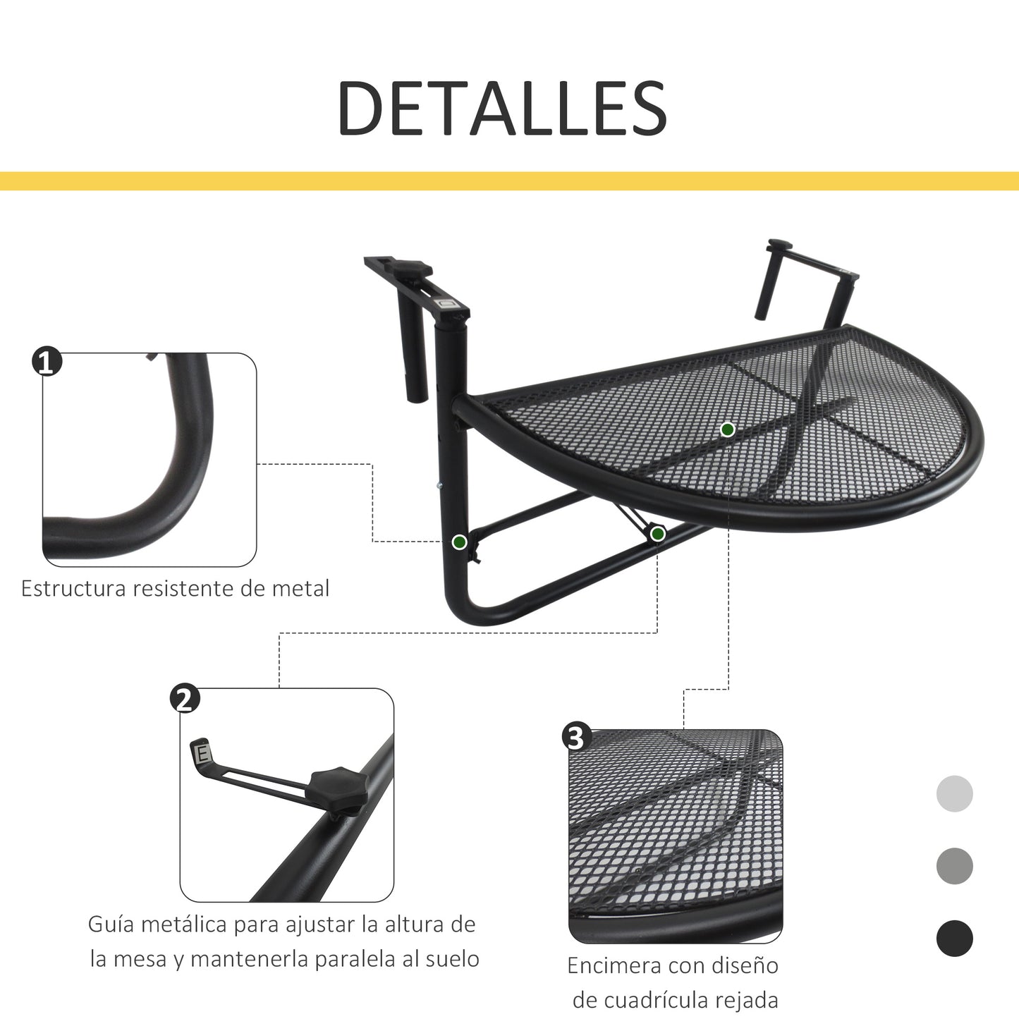 Outsunny Mesa Colgante de Balcón Semicircular 60x45x50 cm Ajustable en Altura Simple y Conveniente para Barandilla de Balcón Terraza Patio