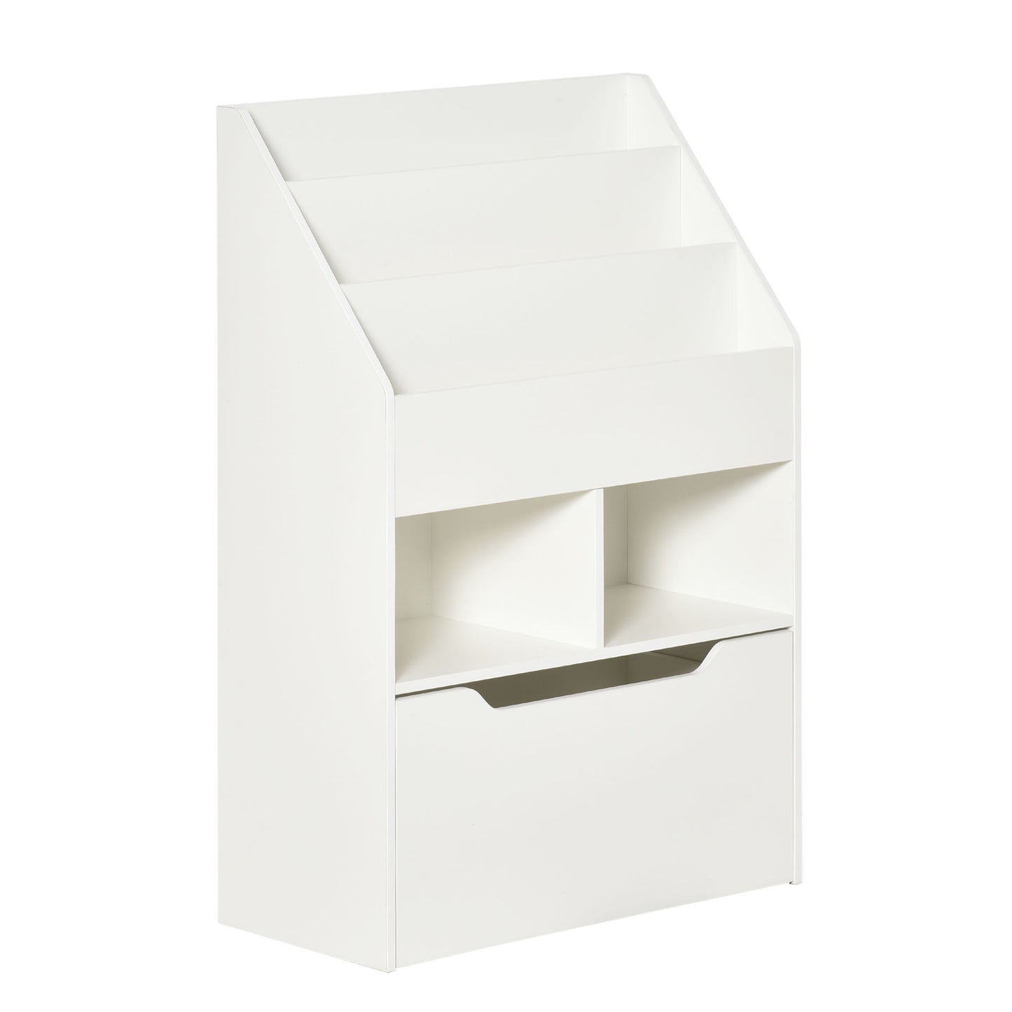 HOMCOM Estantería Infantil de Madera con 3 Compartimentos 2 Cubos y Cajón Móvil con 4 Ruedas Librería Infantil para Habitación de Niños Sala de Juegos 60x29,9x90 cm Blanco