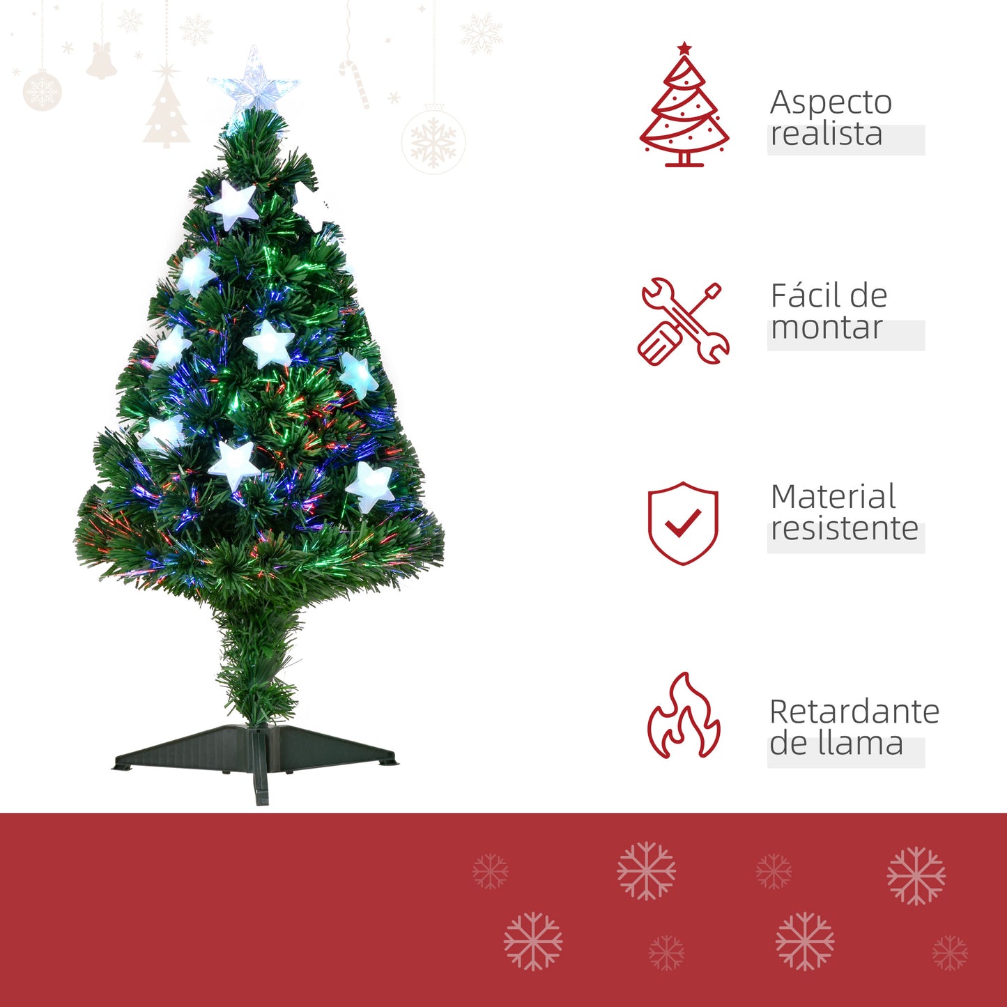 HOMCOM Árbol de Navidad 90cm Artificial Árbol de Pino Decoración Navideña con 12 LED de 3 Colores 90 Ramas Verde PVC