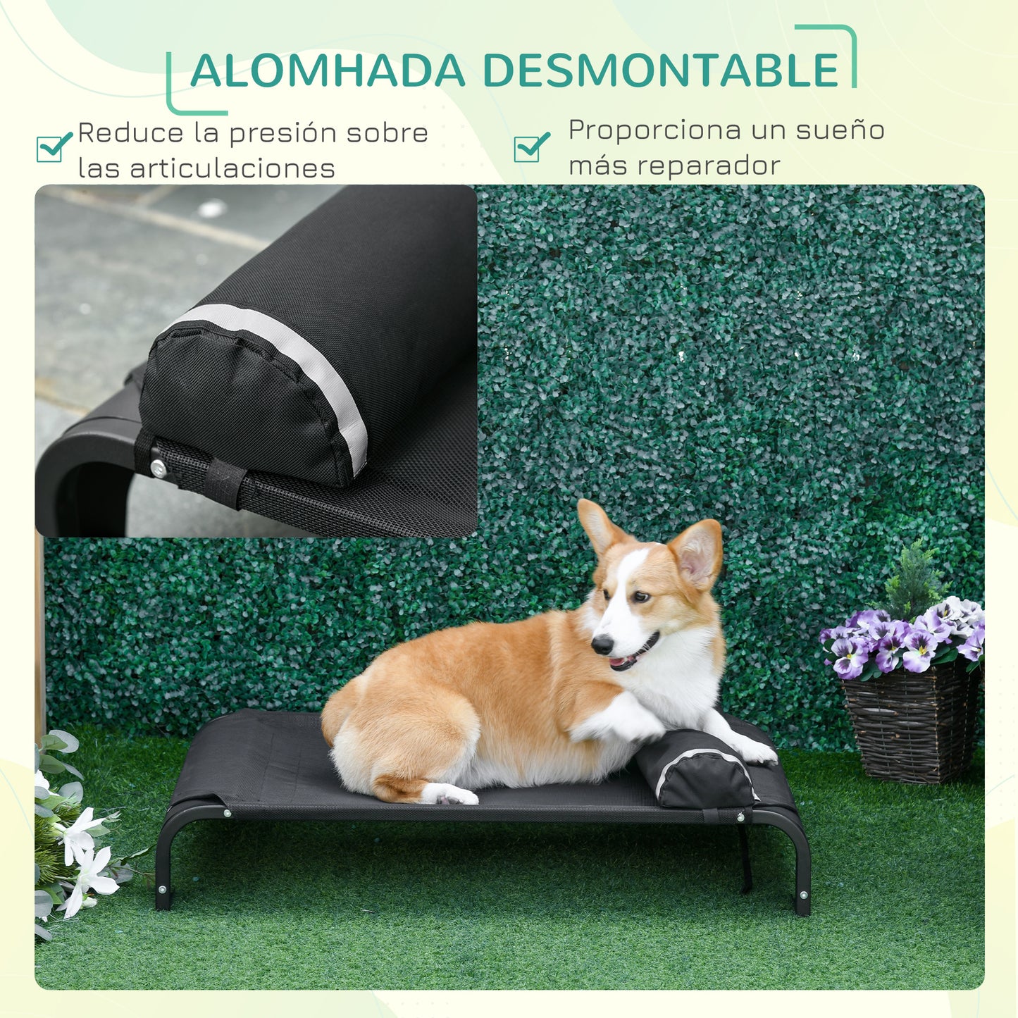 PawHut Cama Elevada para Mascotas Perros Gatos Tela Transpirable con Almohada Extraíble Exterior Interior Jardín Terraza 91x60x23 cm Negro