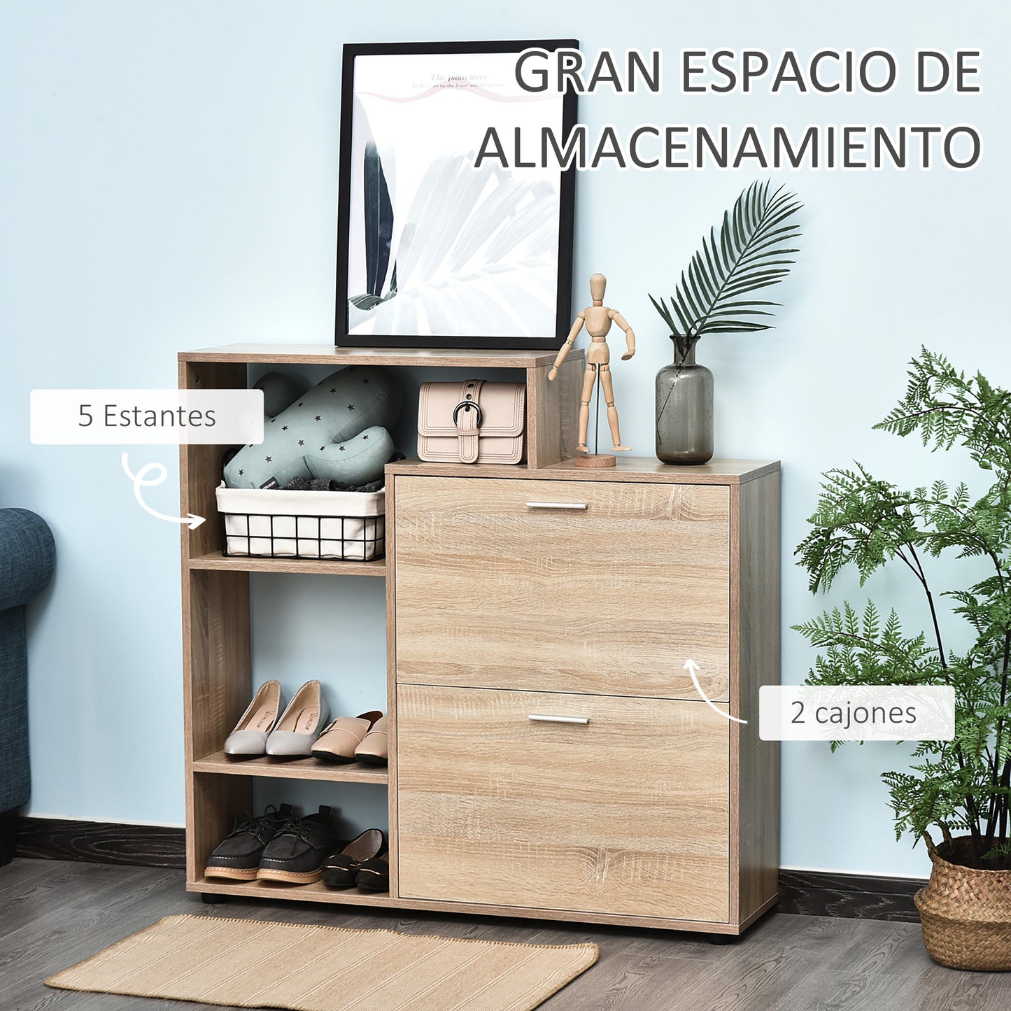 HOMCOM Zapatero de Madera con Estantería y Cubos Armario para Zapatos de Entrada Pasillo Organizador de Zapatos Armario Multifuncional de Almacenamiento de Zapatos 101.5x25.5x98cm