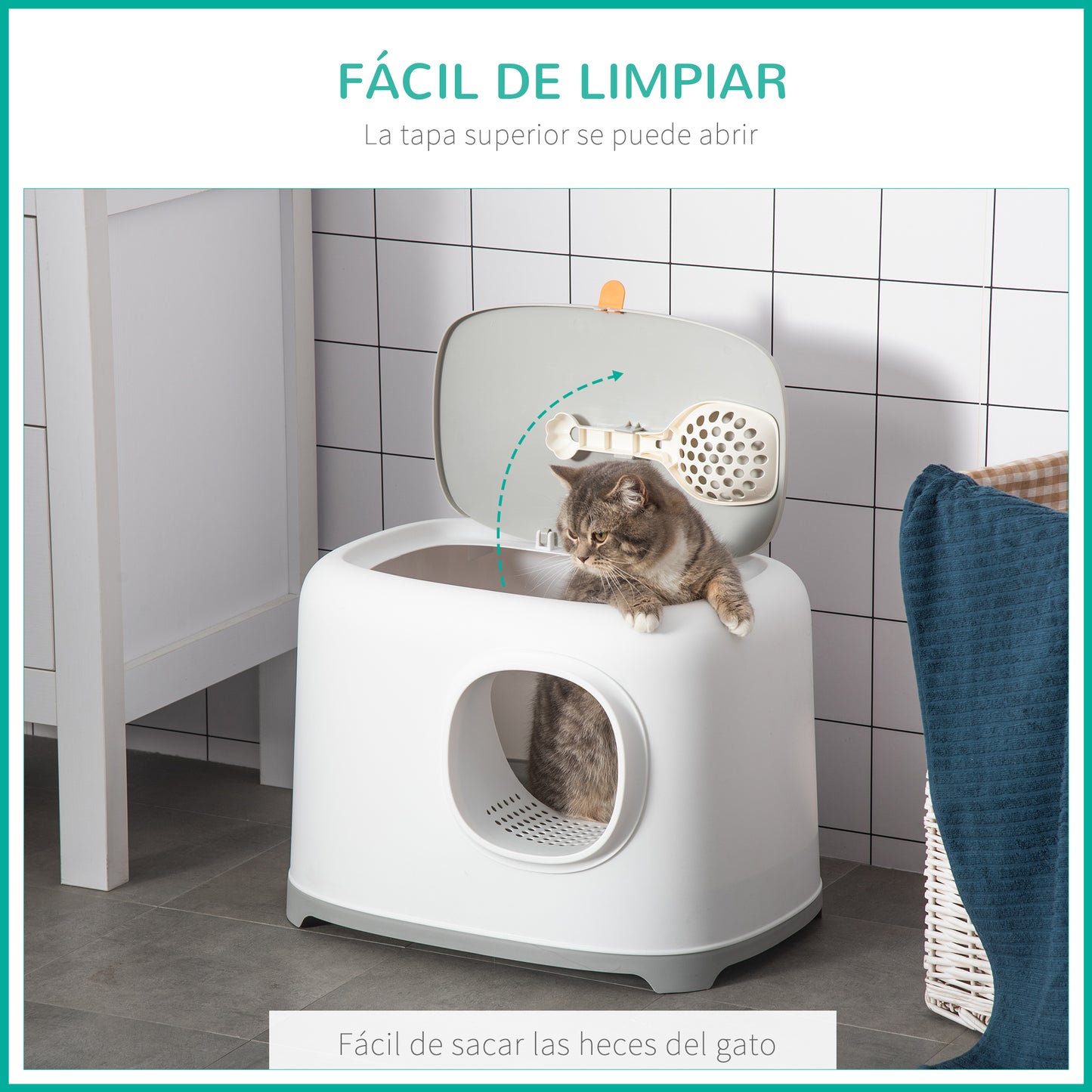 PawHut Caja de Arena para Gatos Arenero Cerrado para Gatos con Bandeja Techo Abatible Orificio de Entrada y Pala Incluida 55x40x39 cm Blanco