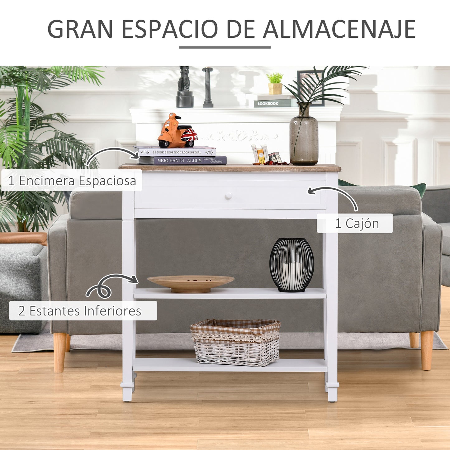 HOMCOM Mesa de Consola Multifuncional Mesa Auxiliar para Sala Pasillo Comedor con 2 Estantes 1 Cajón Extraíble Manija Estilo de Retro Pino 75,6x27,5x80,5 cm Madera Natural Blanco