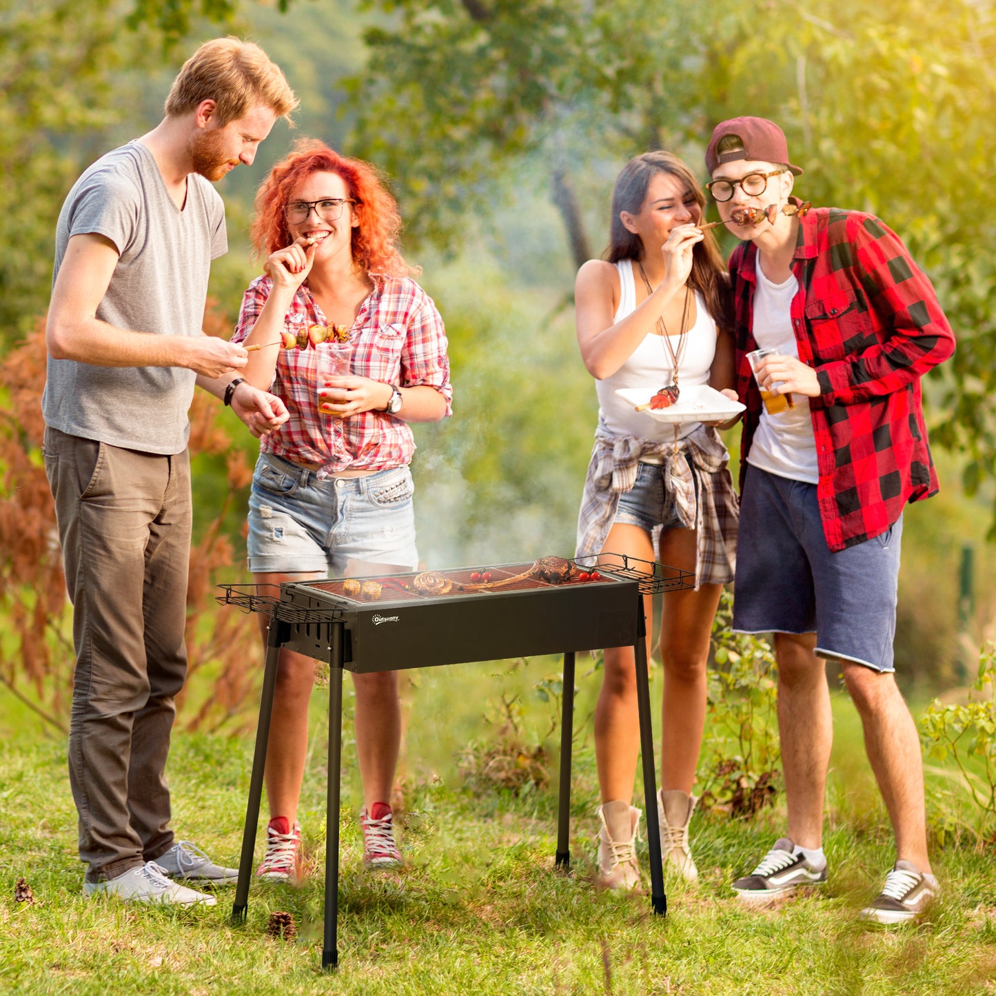 Outsunny Barbacoa de Carbón con 2 Parrillas de Acero Inoxidable Barbacoa Portátil con 2 Especieros para Acampar Picnic Camping Jardín 77x30x70 cm Negro