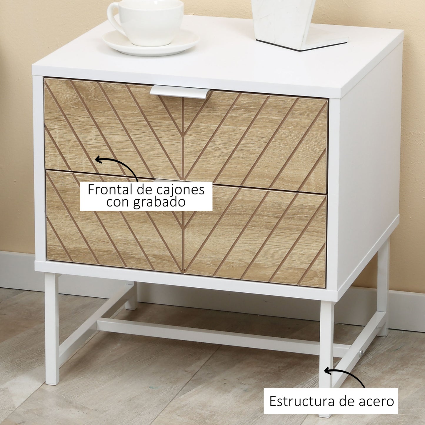 HOMCOM Mesilla de Noche con 2 Cajones Mesita de Noche con Patas de Acero Gabinete de Noche para Salón Dormitorio Cama 45x39x48 cm Blanco y Roble