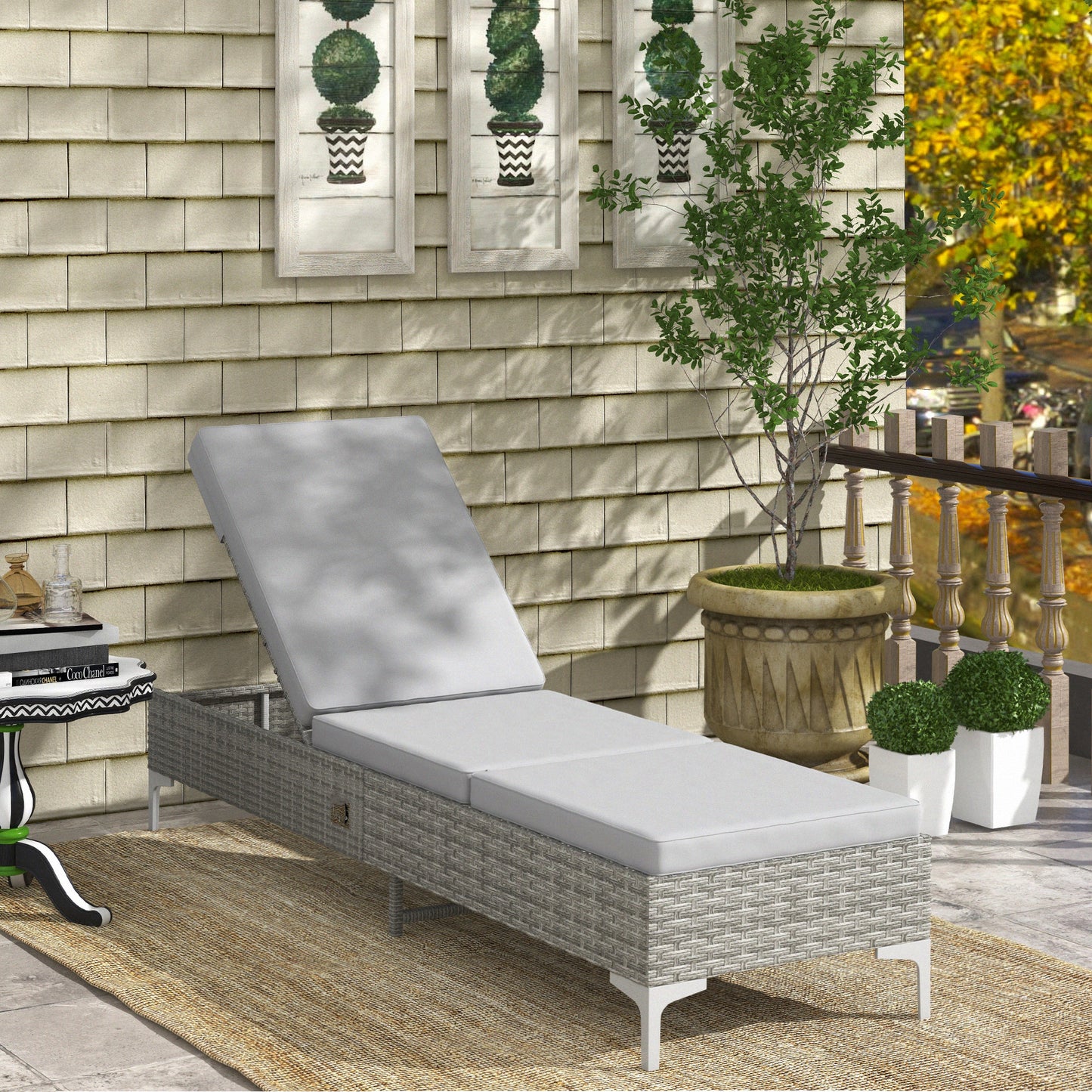 Outsunny Tumbona de Ratán Reclinable Tumbona de Jardín con Respaldo Ajustable Cojín Extraíble y Lavable Carga 160 kg para Patio Terraza 202x61x29-98 cm Gris y Marrón