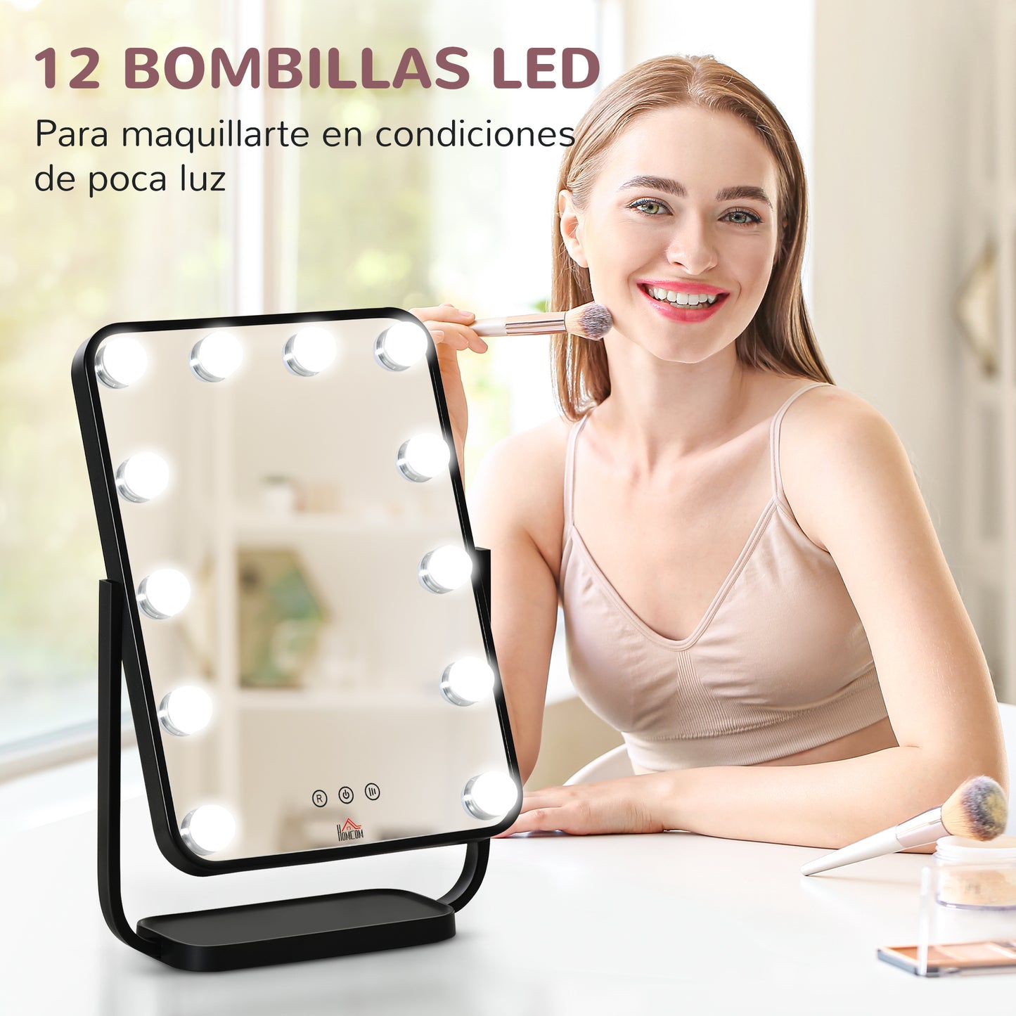 HOMCOM Espejo de Maquillaje con Luz Espejo Hollywood de Mesa con 12 LED 3 Modos y Luz Ajustable Pantalla Táctil y Función de Memoria para Dormitorio Baño 32,8x11x47,4 cm Negro