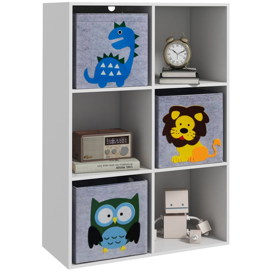 ZONEKIZ Estantería para Juguetes Infantil Librería para Niños de +3 Años con 6 Compartimientos de Almacenaje y 3 Cajones de Tela no Tejida con Imagen de Animales 61,8x29,9x91,5 cm Blanco y Gris