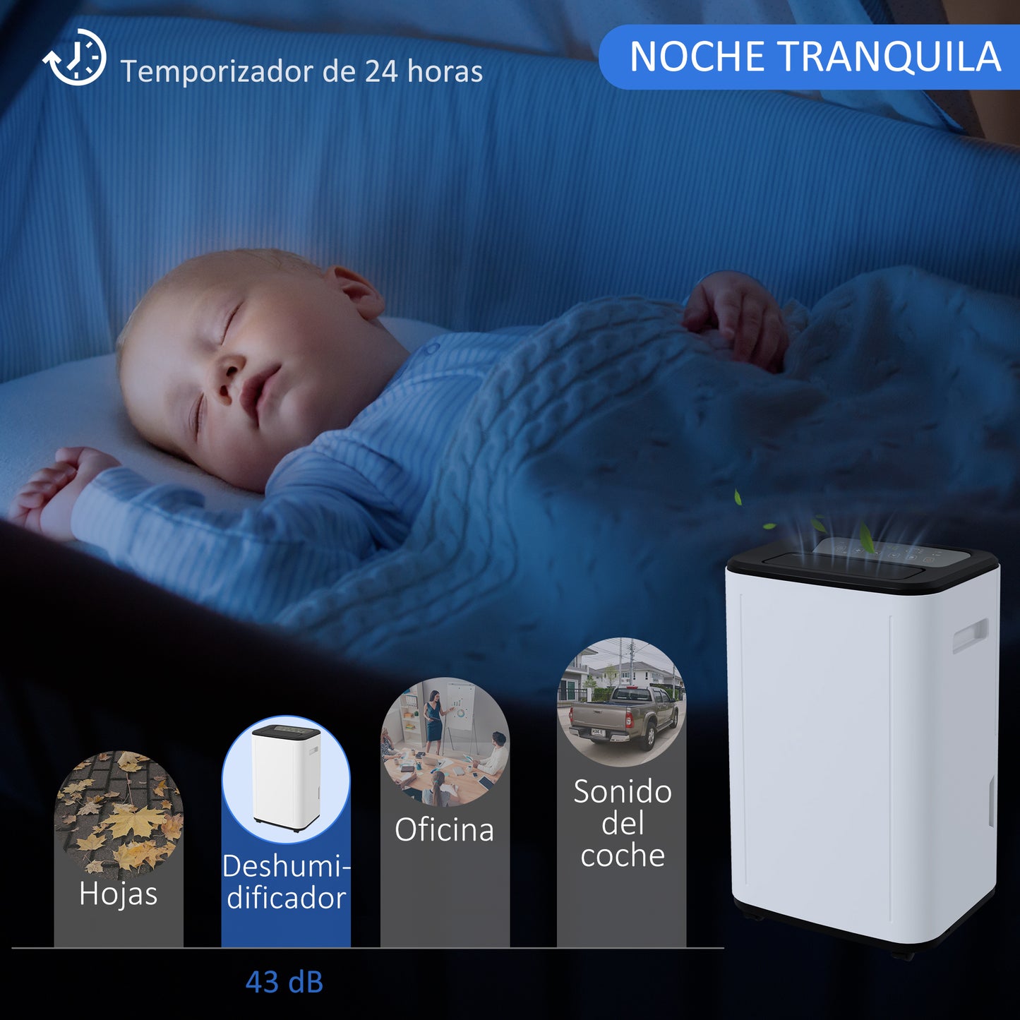 HOMCOM Deshumidificador Eléctrico Depósito de Agua 6 Litro 20L/día Silencioso Deshumidificador de Aire con 3 Modos 2 Velocidades Pantalla LED Temporizador para Dormitorio Salón 33,5x26x53 cm Blanco