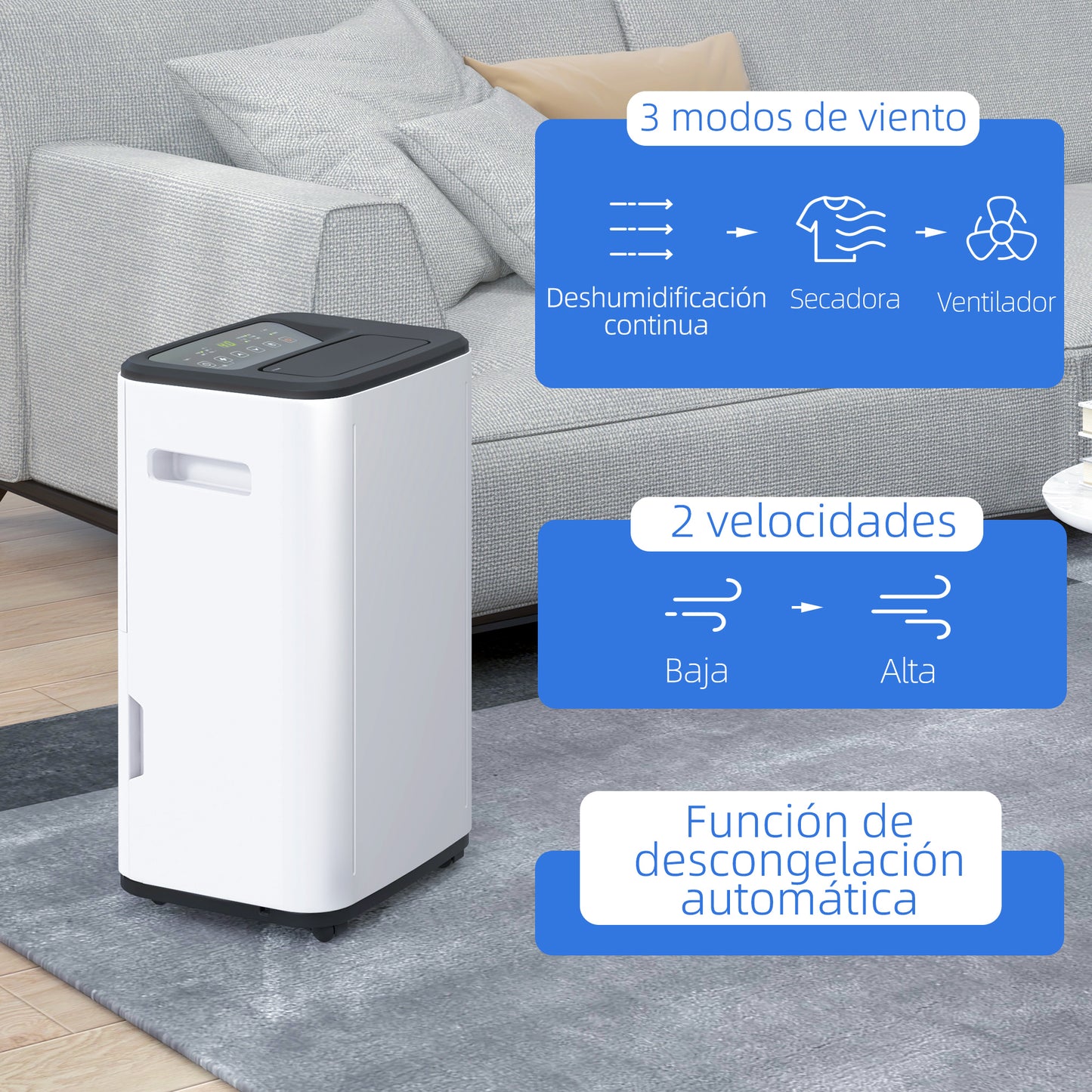 HOMCOM Deshumidificador Eléctrico Depósito de Agua 6 Litro 20L/día Silencioso Deshumidificador de Aire con 3 Modos 2 Velocidades Pantalla LED Temporizador para Dormitorio Salón 33,5x26x53 cm Blanco