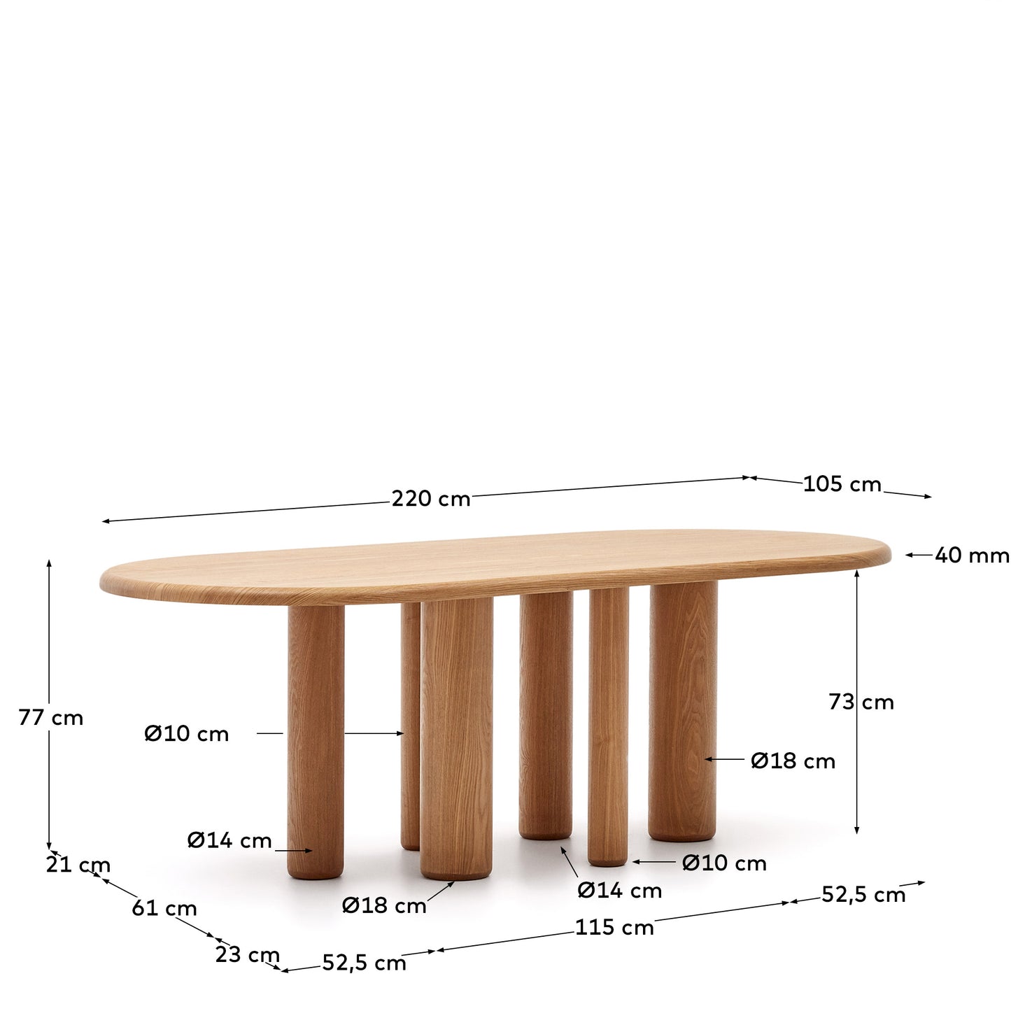 Mesa ovalada Mailen en chapa de fresno con acabado natural Ø 220 x 105 cm