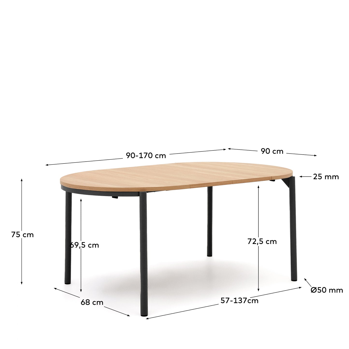 Mesa extensible redonda Montuiri chapa de roble y patas de acero acabado negro Ø90(170) cm