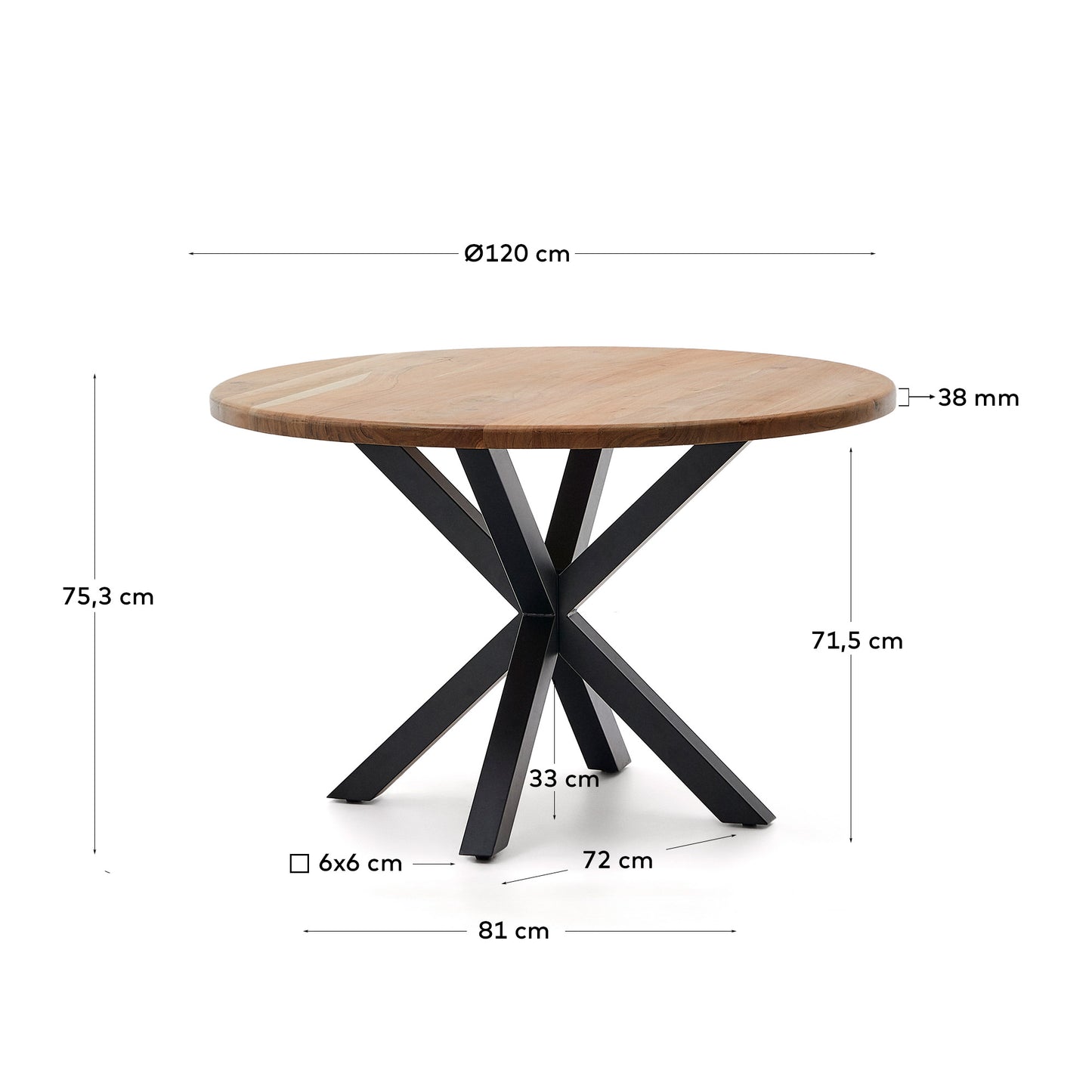 Mesa redonda Argo de madera maciza de acacia y patas de acero acabado negro Ø 120 cm