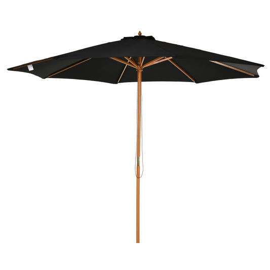 Outsunny Sombrilla Parasol de Jardín Ø300x250 cm con Sistema de Pestillo de Fijación Techo Ventilado y Poste Desmontable de Madera para Terraza Patio Exterior Negro