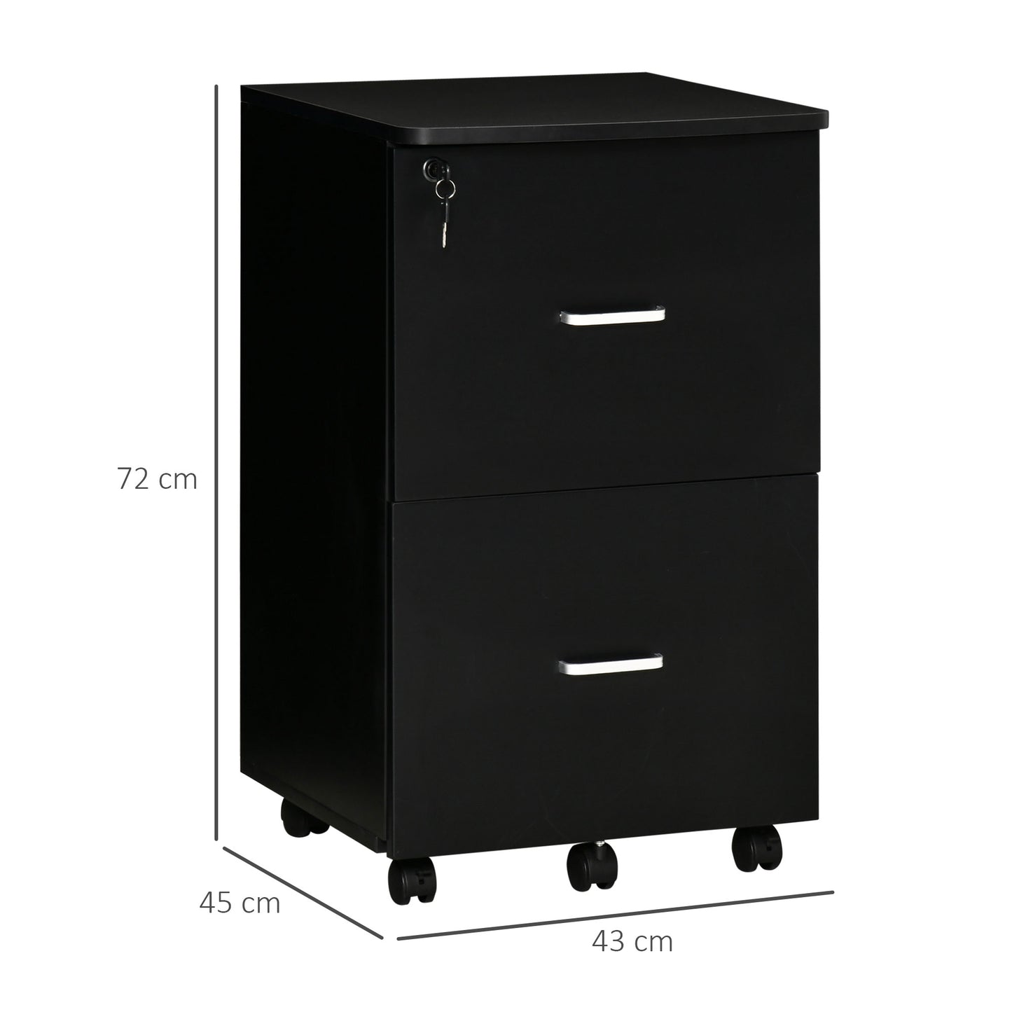 Vinsetto Cajonera de Oficina Mueble Auxiliar para Archivos con 2 Cajones Cerradura de 2 Llaves 5 Ruedas para Tamaño Carta A4 para Estudio Despacho Dormitorio 43x45x72 cm Negro