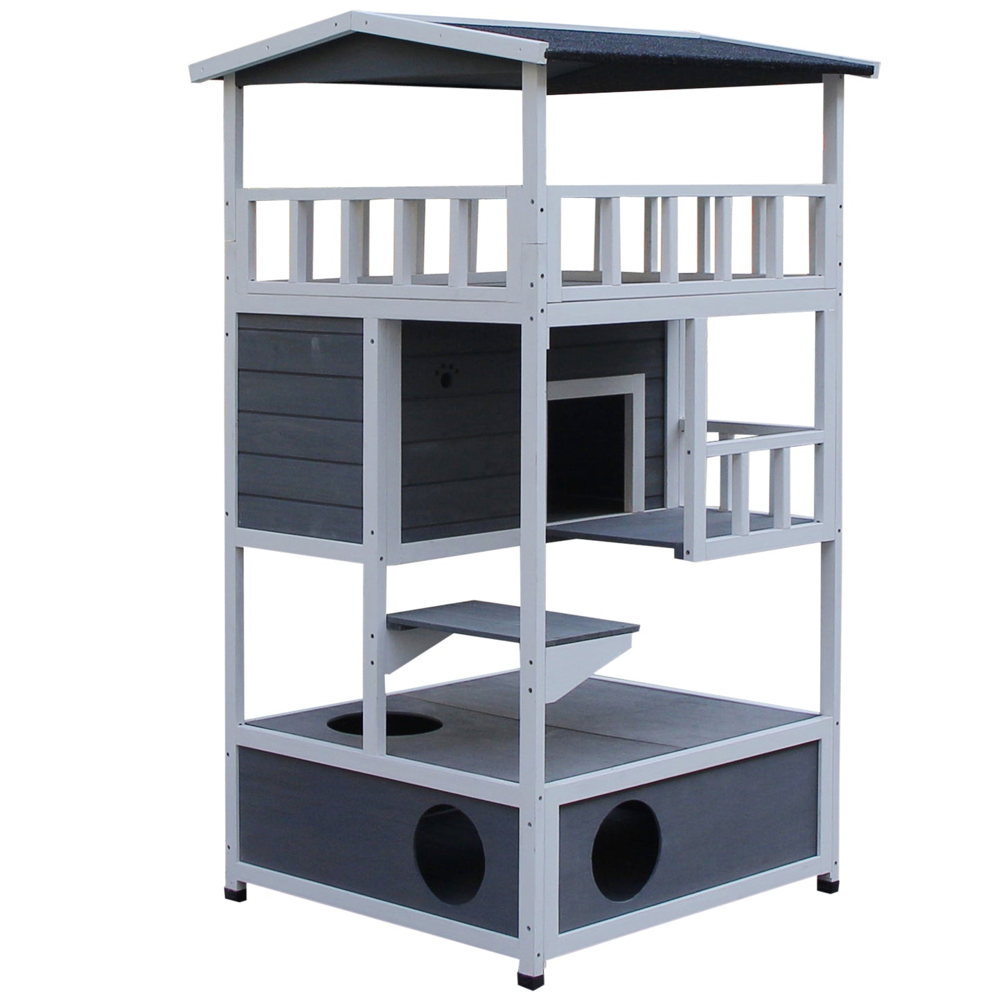 PawHut Casa para Gatos de Madera 75,5x75x137 cm Caseta para Gatos Refugio para Gatos con Techo Asfáltico y Plataformas para Interior y Exterior Gris